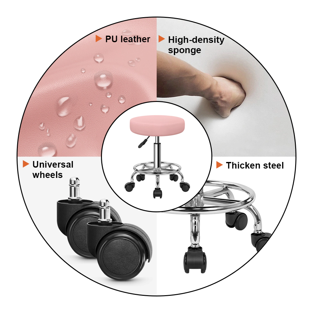KKTONER PU Leather Round Rolling Stool with Foot Rest Swivel Height Adjustment Spa Office Massage Stools Small (Pink)