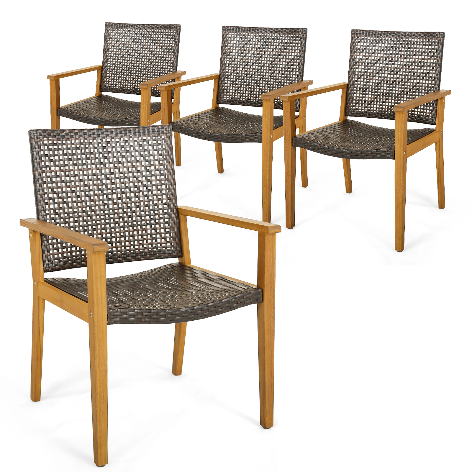LJG Set of 4 Outdoor Rattan Chair with Sturdy Acacia Wood Frame