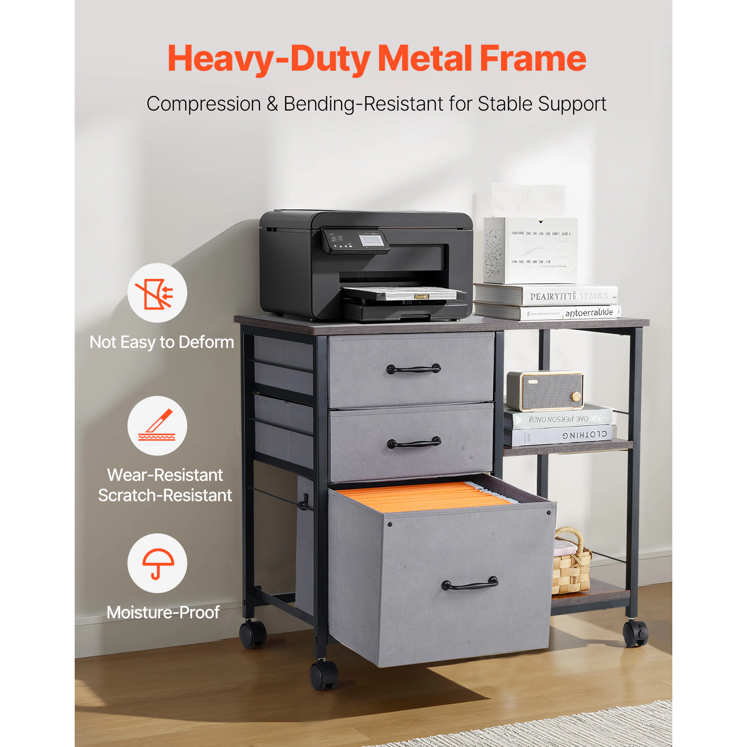 HONGGE Metal File Cabinet Mobile Filing Cabinet with 3 Fabric Drawers and 2 Open Shelves Wooden Vertical Filing Storage