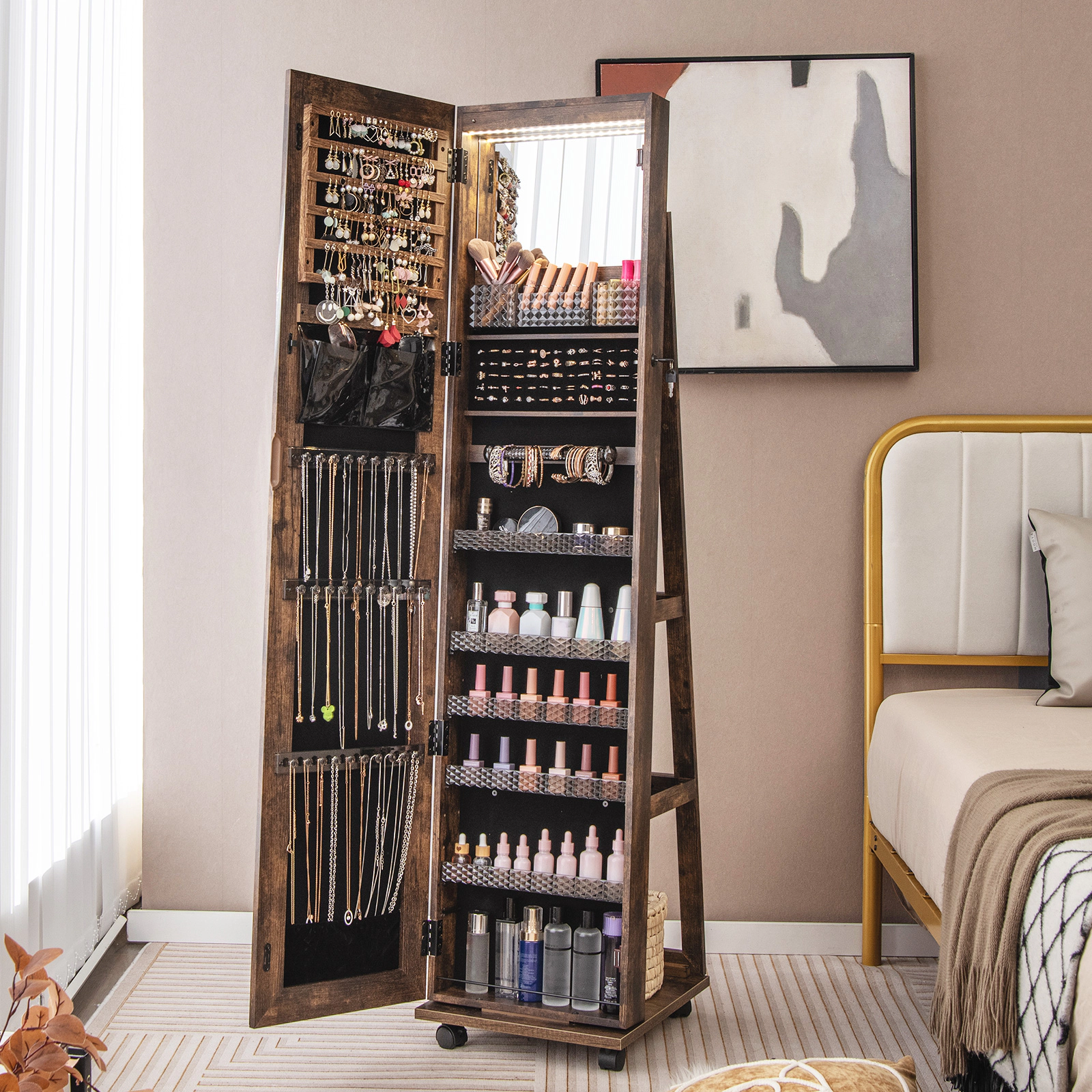 SUGIFT 64-in Lockable Jewelry Cabinet Armoire with Full-Length Mirror and Built-in Makeup Mirror Coffee