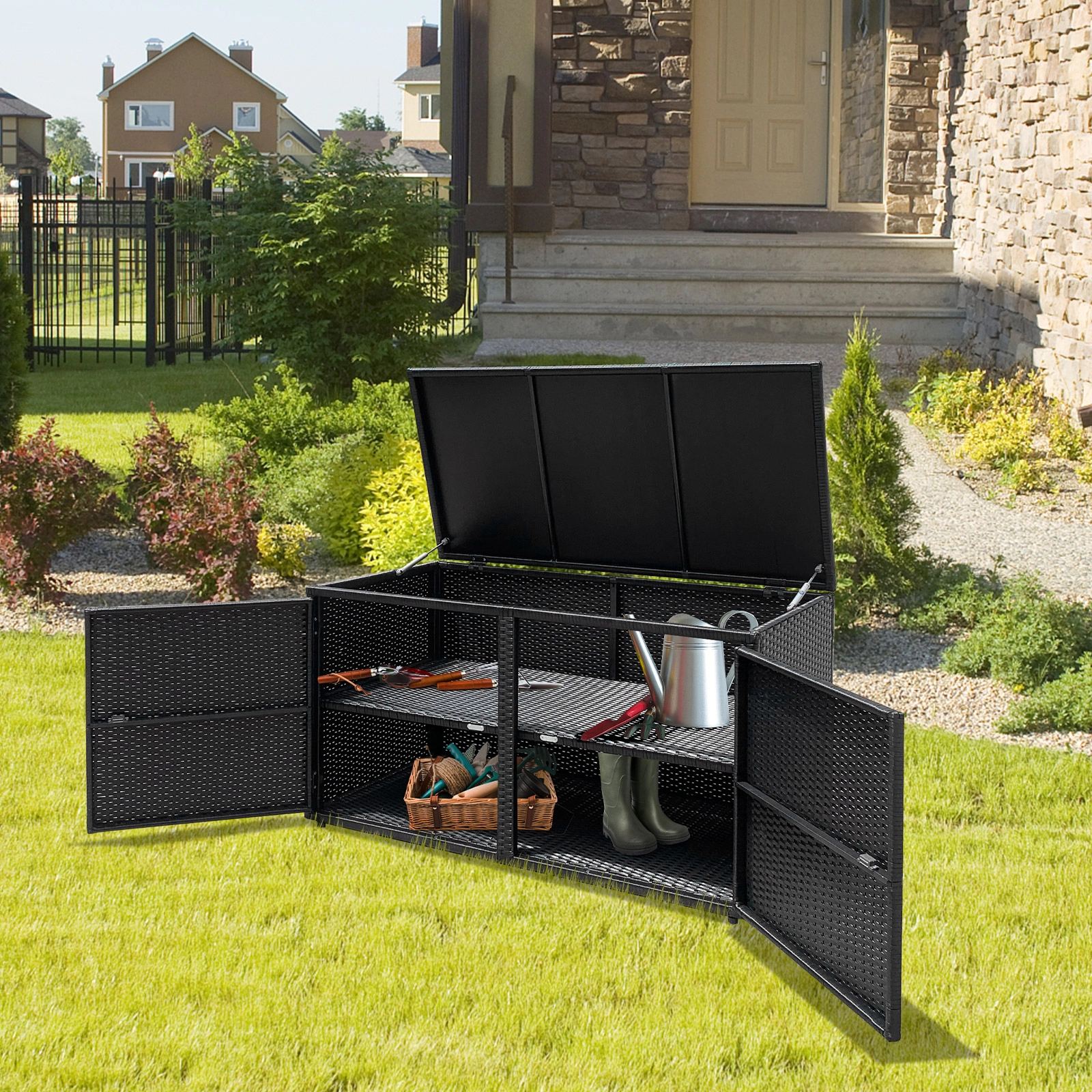 SUGIFT 88 Gallon Garden Patio Rattan Storage Box with Adjustable Feet and Shelf 110-lb Capacity Black