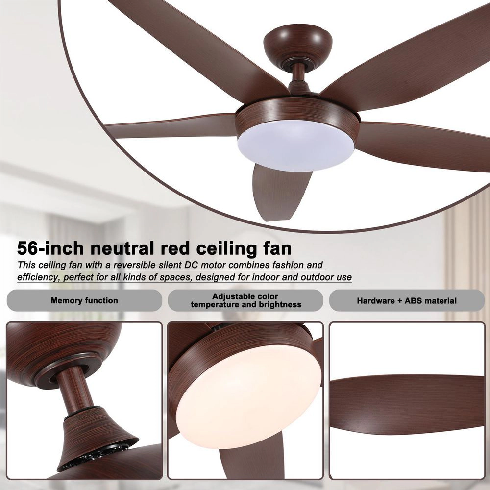 Flynama 56 in. Reddish Brown LED Downrod Mount Standard Ceiling Fan with Remote Control Dimmable 5 ABS Blades