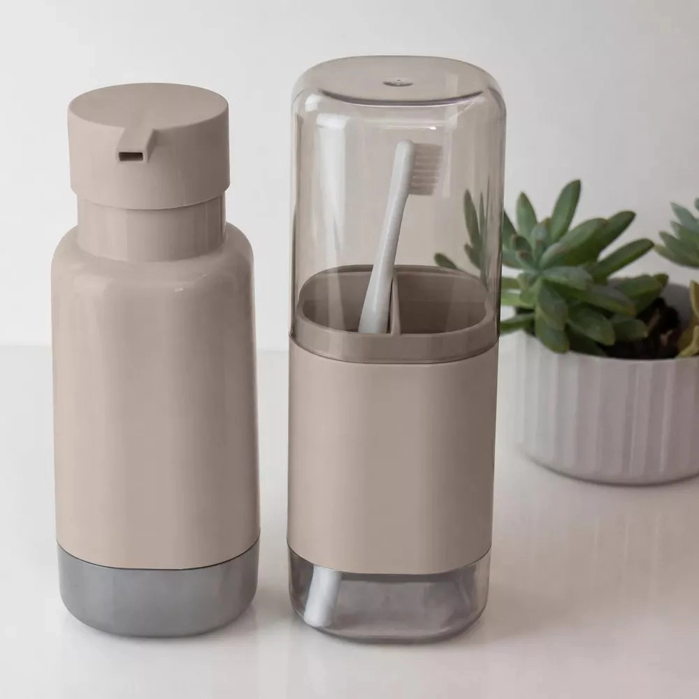 OU 17oz Soap Dispenser & Toothbrush Holder Set, Durable Dual Bathroom Organizer w/ Nonslip Base, Countertop