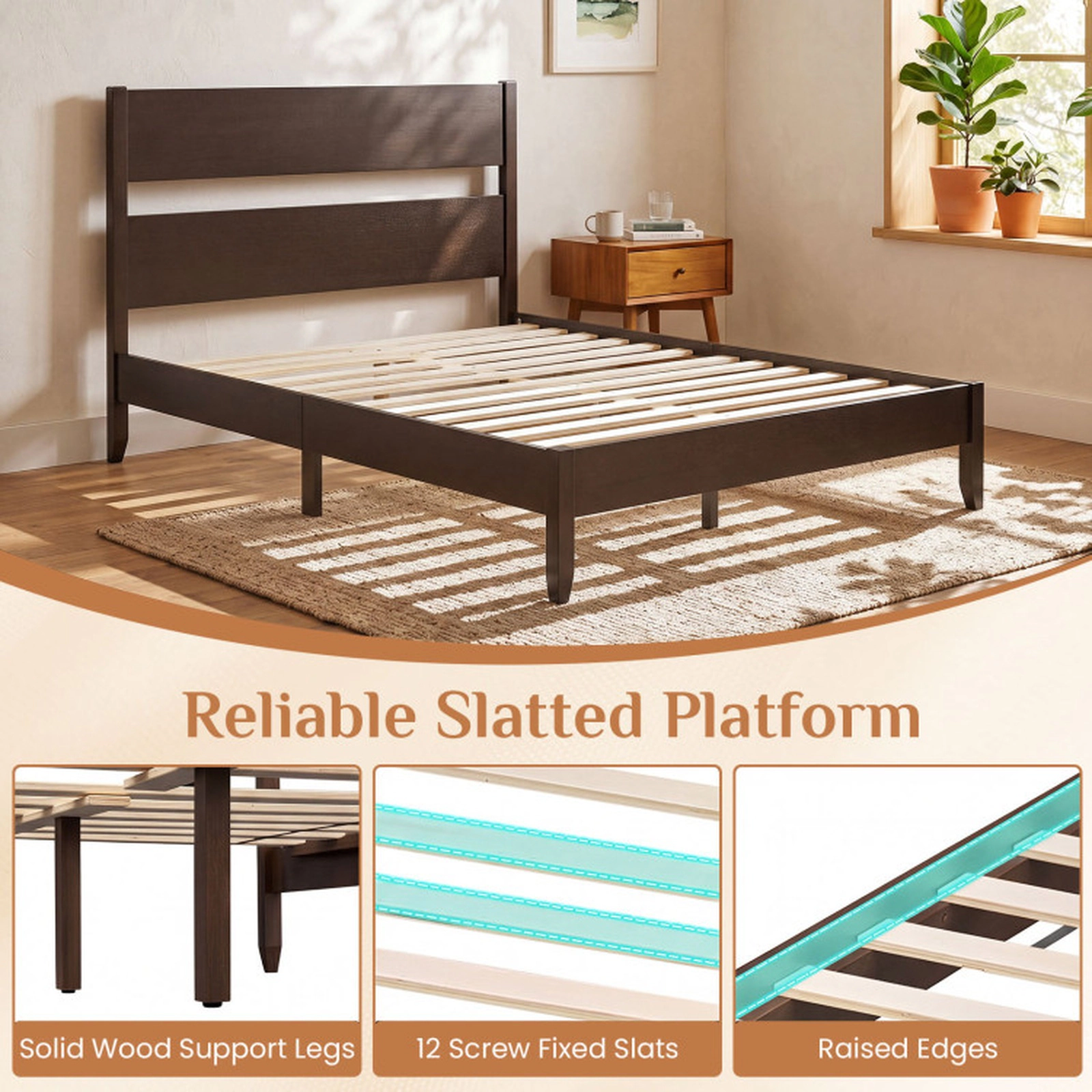 SUGIFT Full Bed Frame with Solid Wood Legs 800-Lb Capacity 79.5-in Frame Dark Walnut Warm Brown