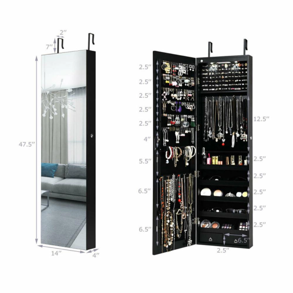 Hivvago Wall and Door Mounted Mirrored Jewelry Cabinet with Lights