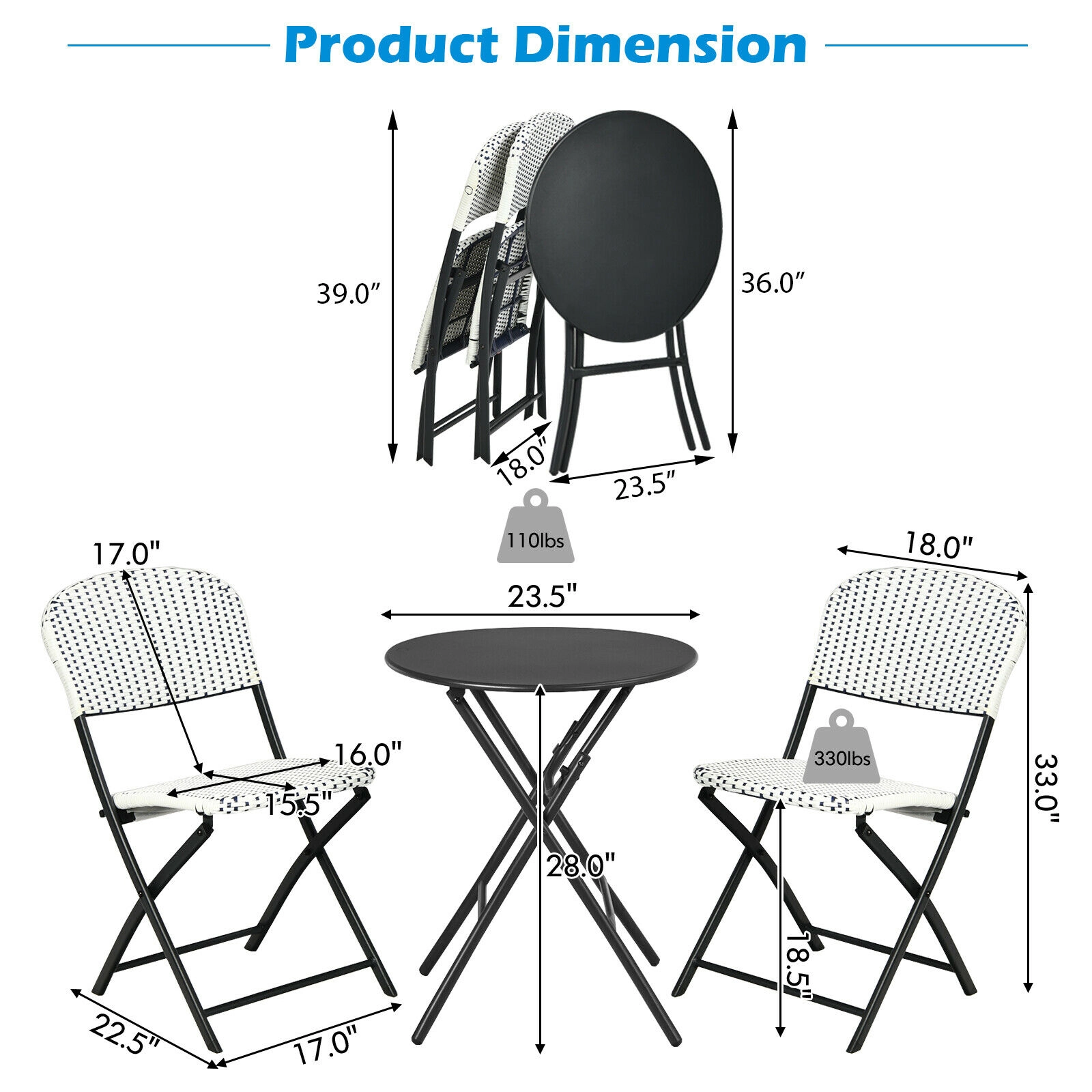 SUGIFT 3-Piece Folding Rattan Bistro Set, Round Table and 2 Chairs
