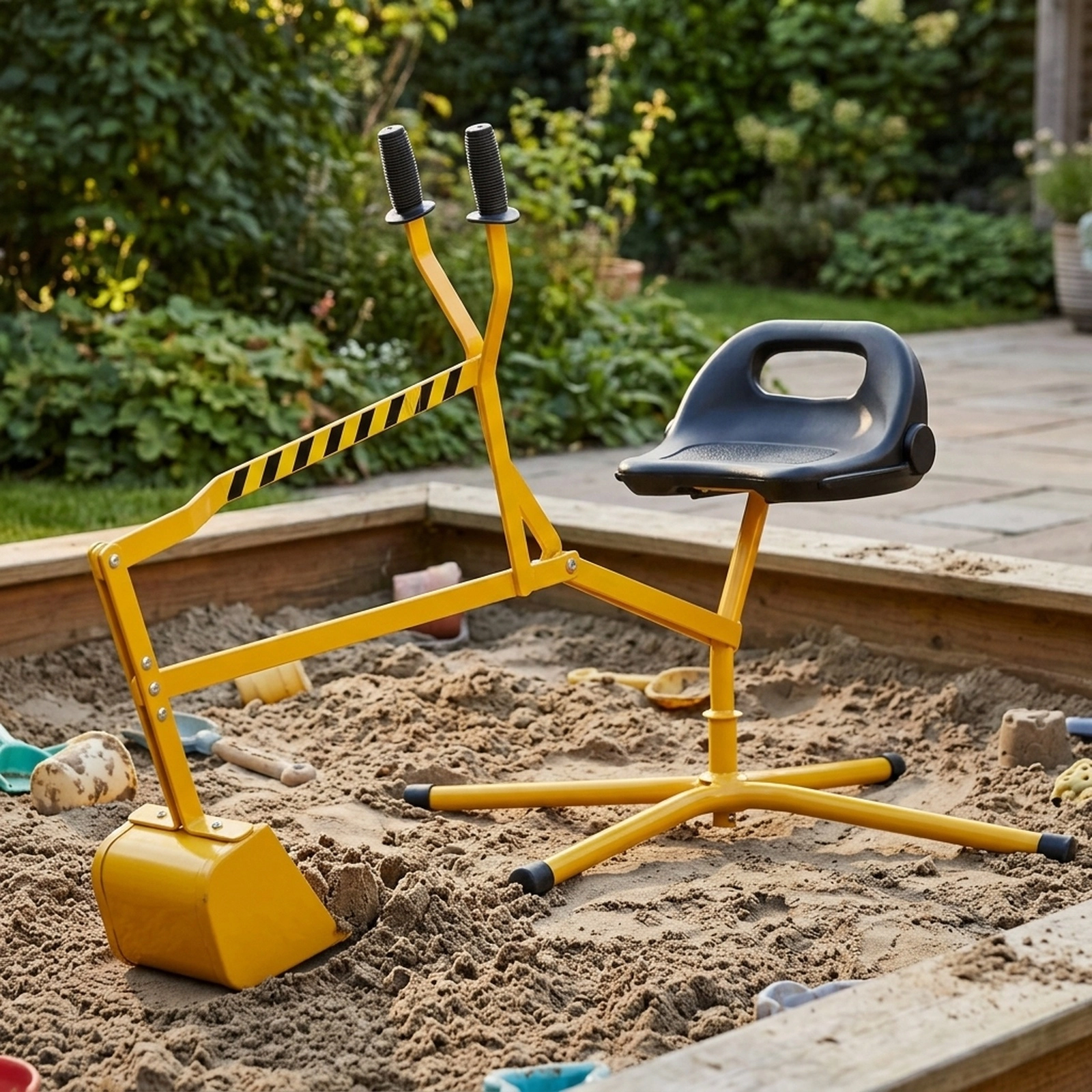 Kids Sand Digger Excavator Toy Criss-Cross Base 2-Handed Shovel Levers 360-Degree Seat 110-lb Limit Ages 3+ Yellow