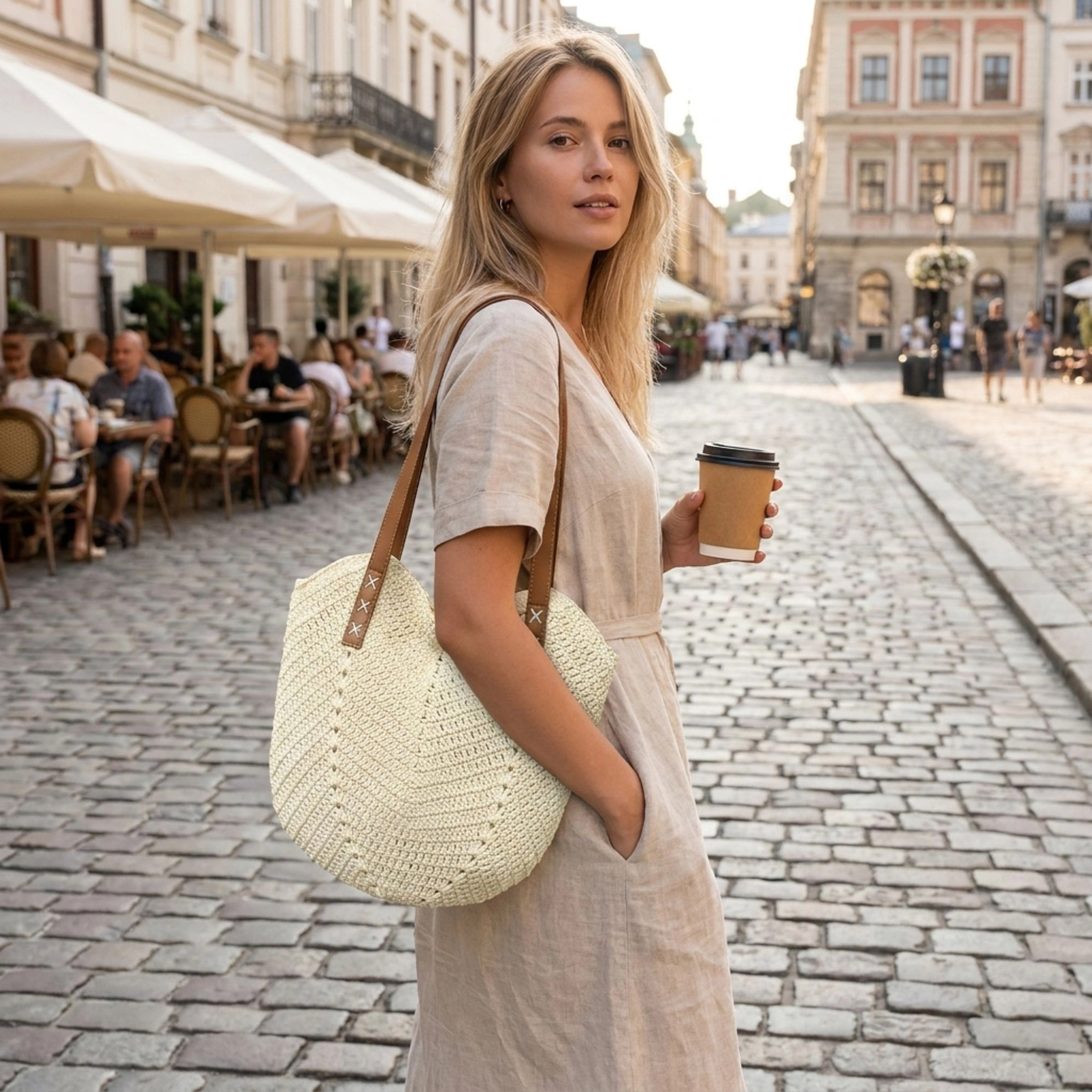 Alilang Women's Cotton Crochet Woven Tote Bag with Shoulder Straps and Inner Pocket, Beige