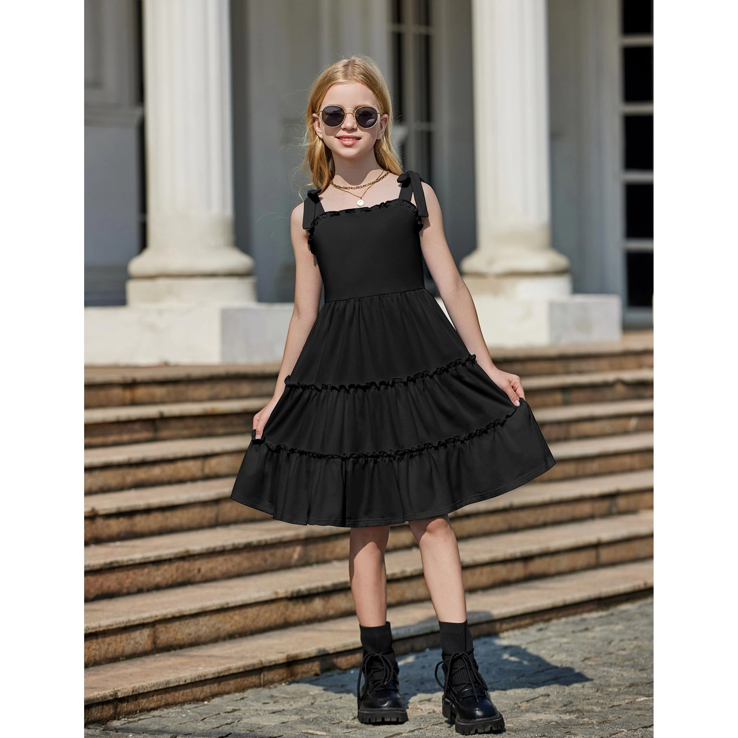 Arshiner Girls Summer Dress Boho Casual Sundress Strapless Tiered Swing Midi Dresses