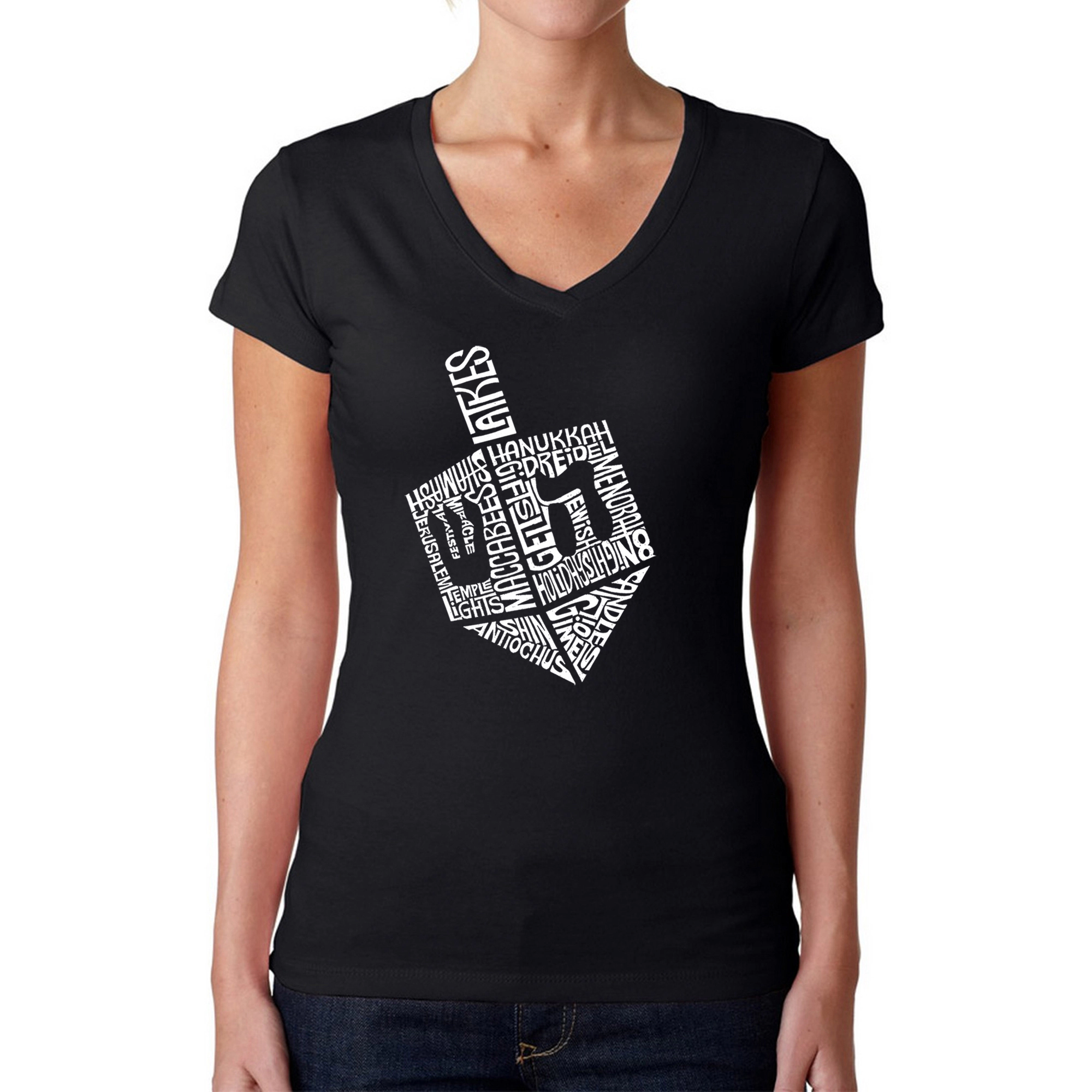 LA Pop Art Womens Word V-Neck T-Shirt - Hanukkah Dreidel