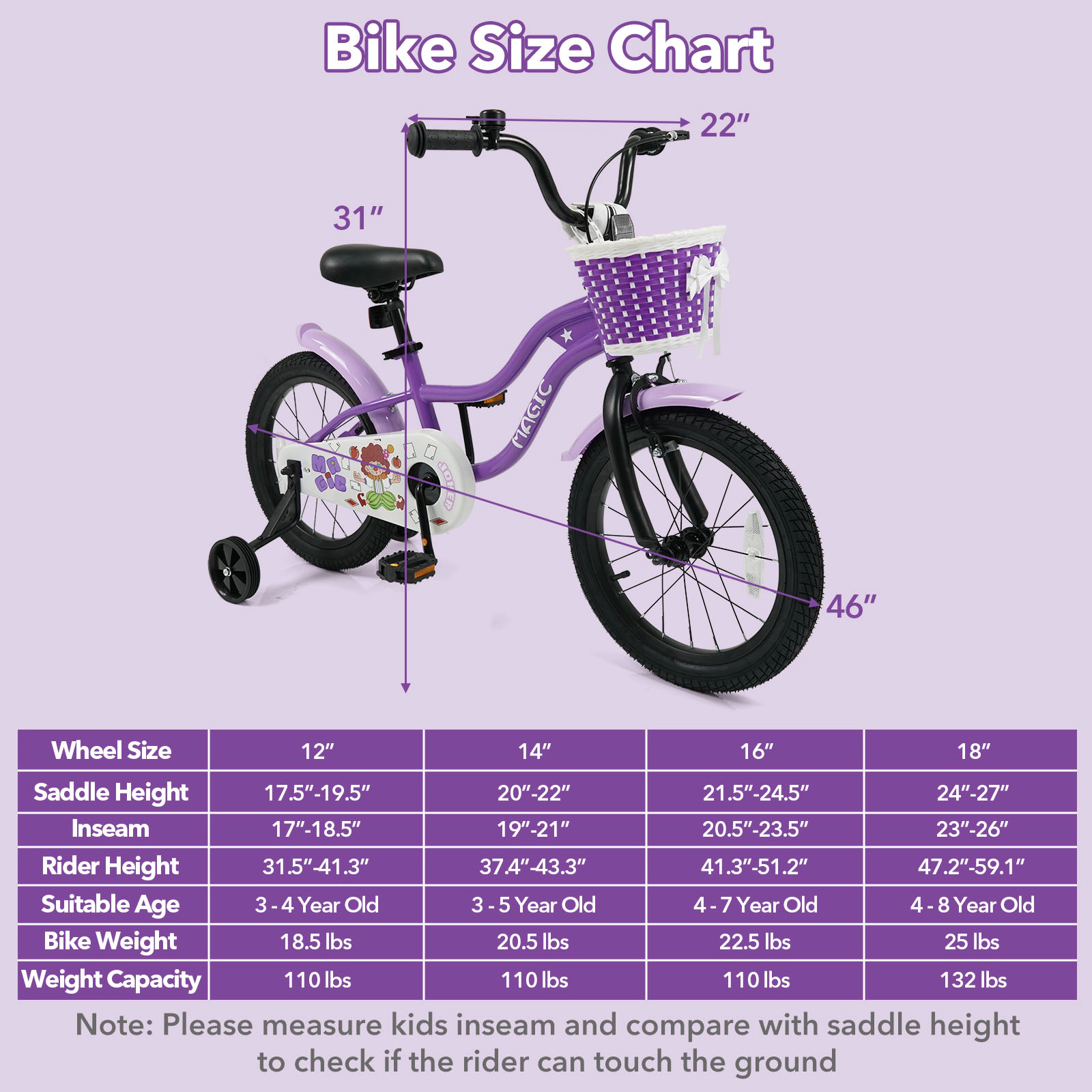 16-in Kids Bike Removable Training Wheels and Front Basket Ages 4-7 with Adjustable Saddle and Pneumatic Tires Purple