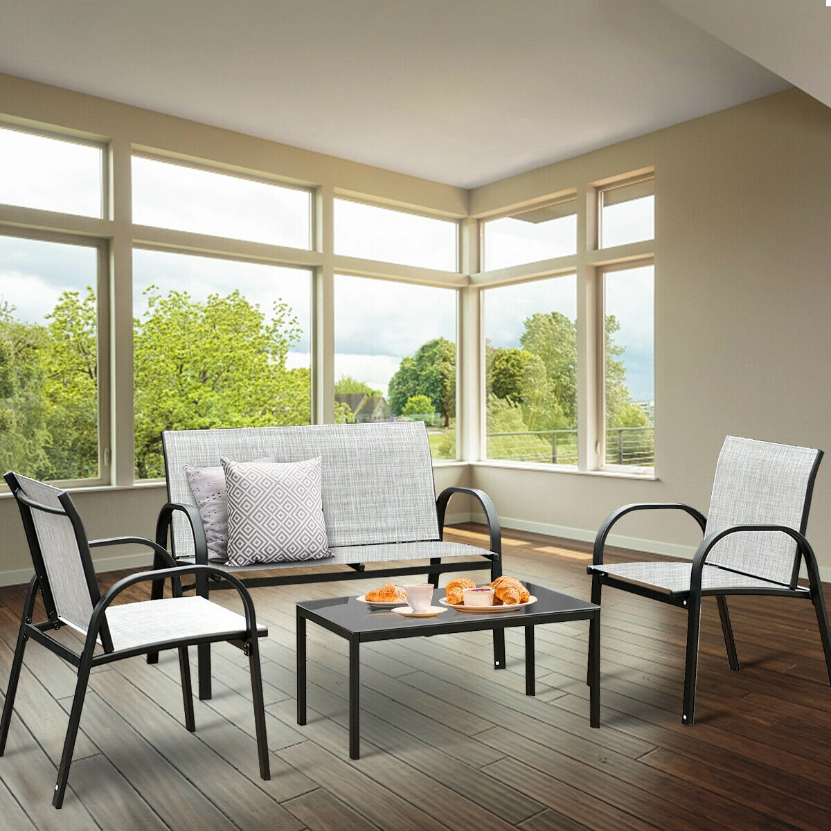 SUGIFT Gray Loveseat 2 Sofas and Glass Top Coffee Table 4-Piece Patio Furniture Set