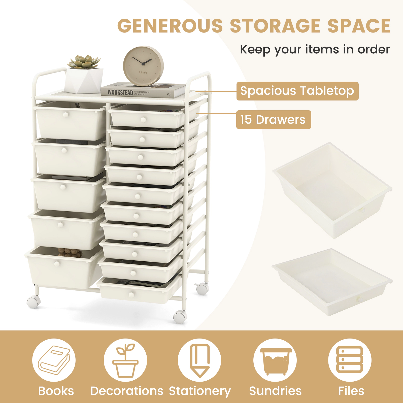 SUGIFT 15-Drawer Rolling File Storage Organizer Cart 22-lb Top Capacity 25-in Wide Utility Cabinet White/Silver