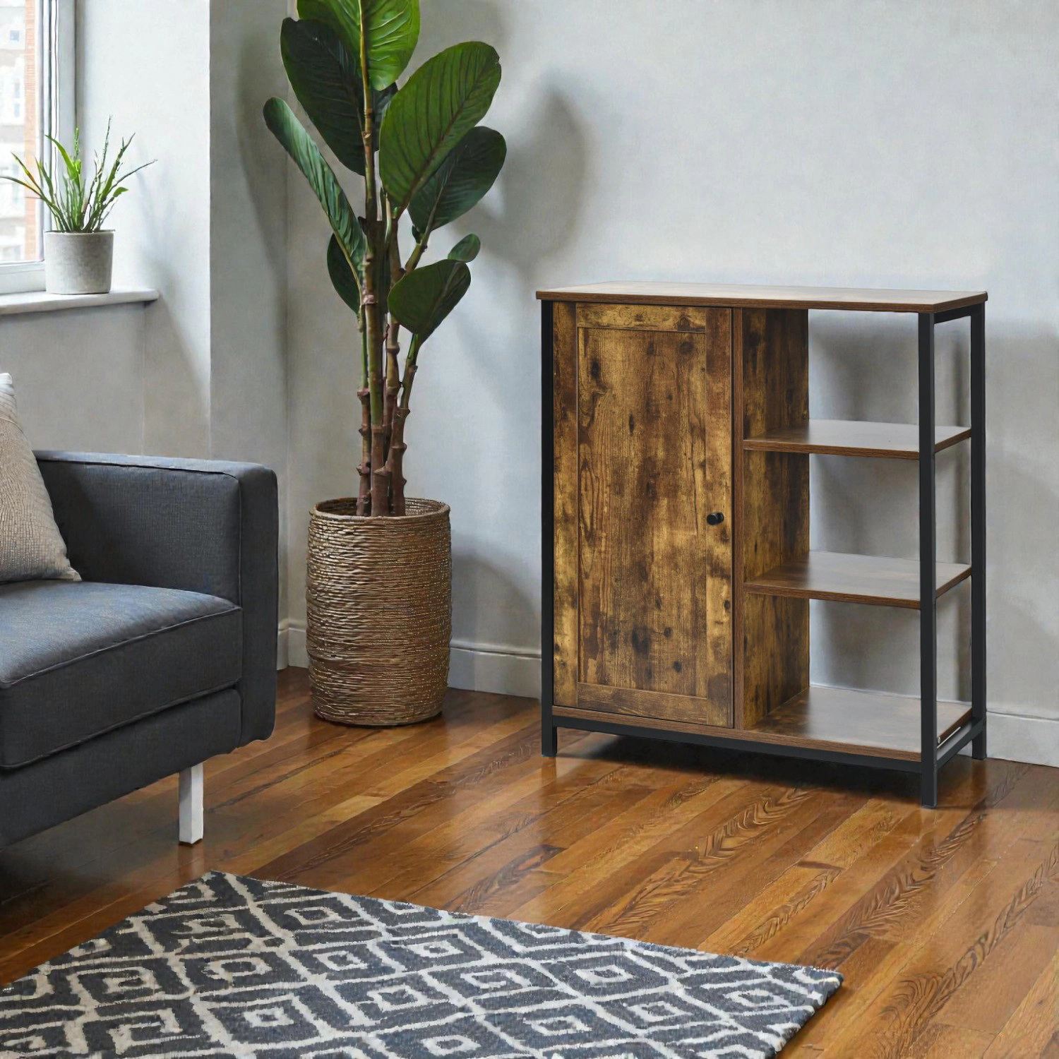 Hivvago Freestanding Multipurpose Storage Cabinet with 3 Open Shelves and Enclosed Doors