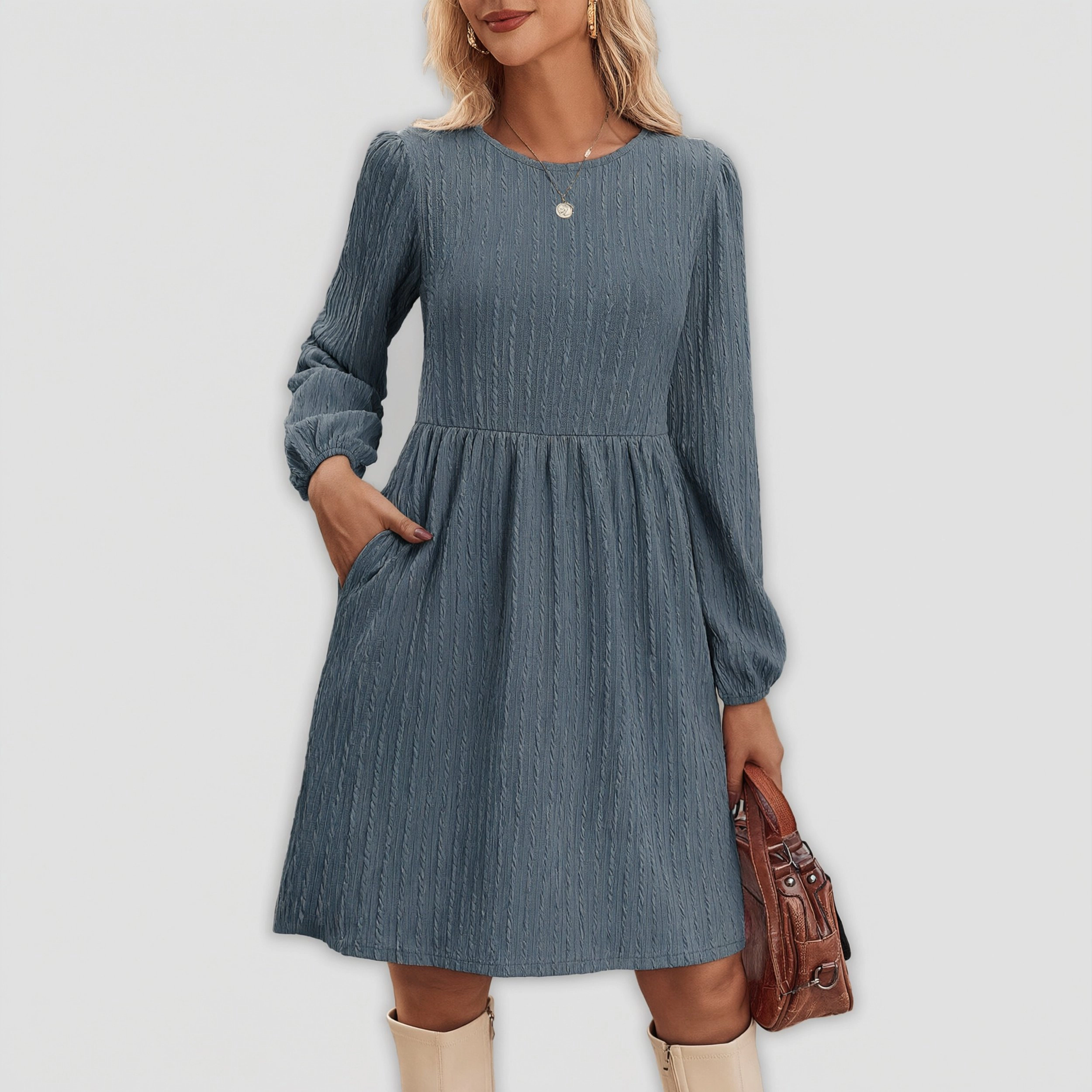 Zeagoo Women's Round Neck Long Sleeve Knee Length Dress