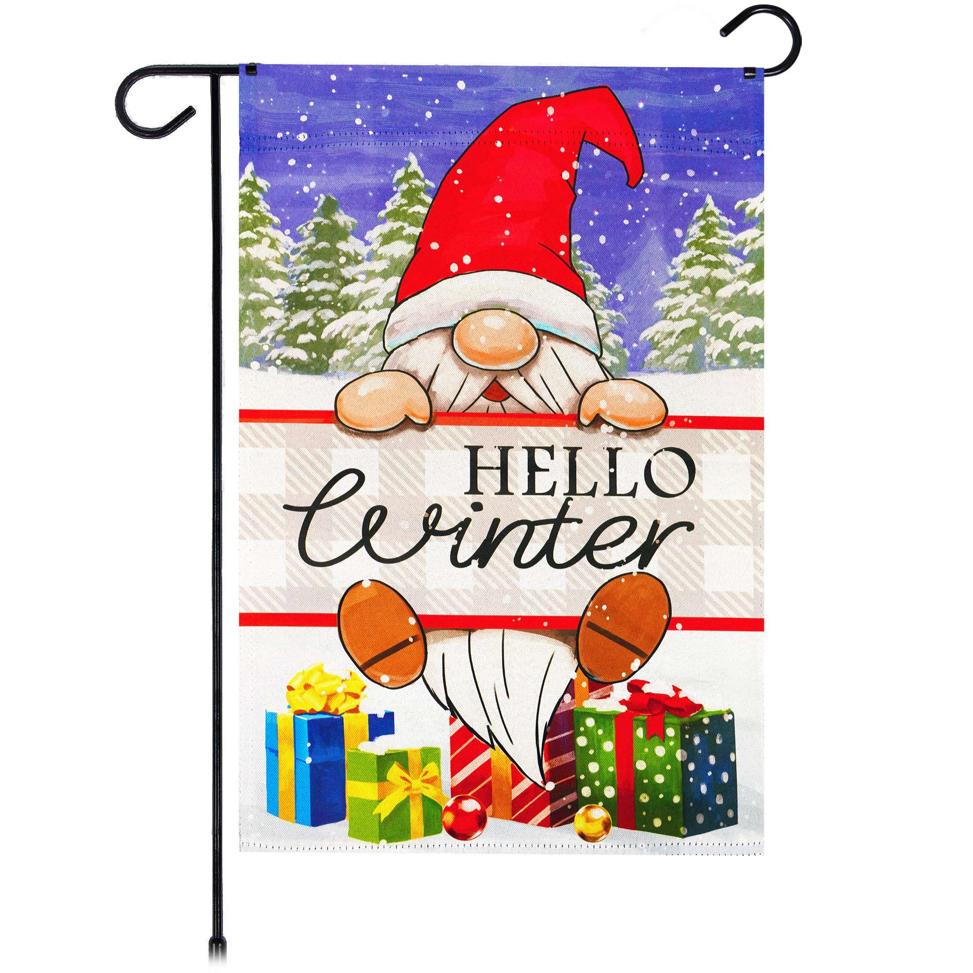 G128 Hello Winter Gnome Garden Flag 12x18 in Double-Sided Outdoor Lawn Decoration