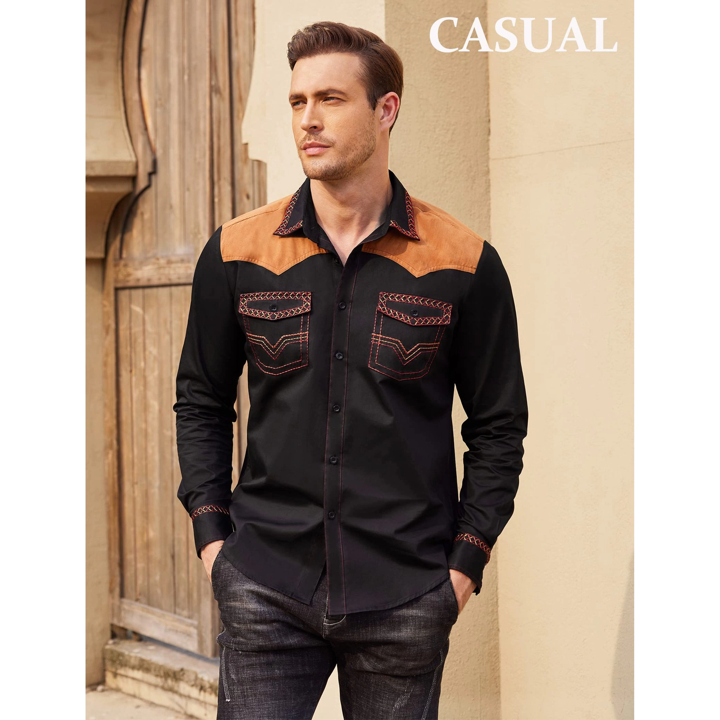 COOFANDY Men's Slim Fit Long Sleeve Western Shirt