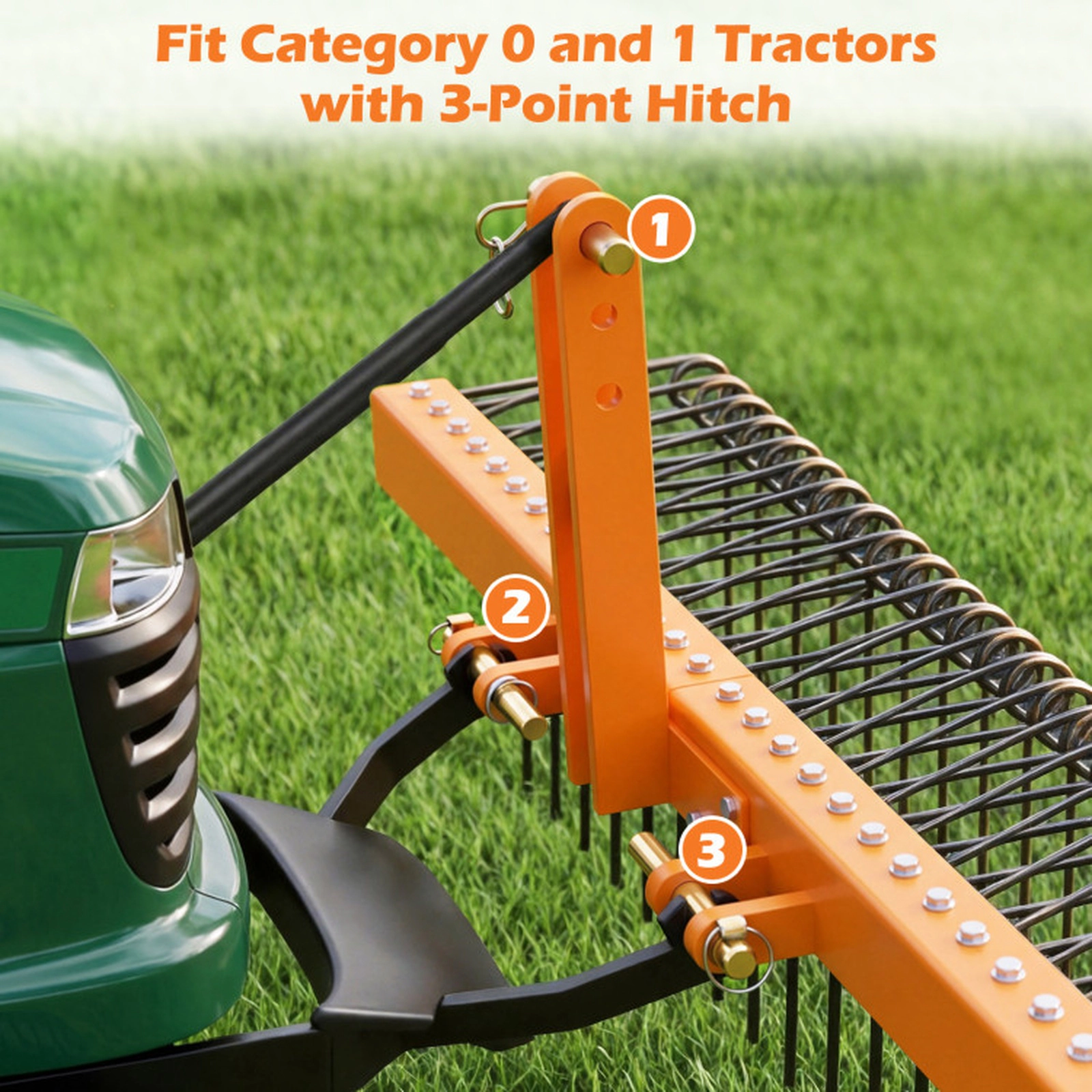 SUGIFT 72-in Wide Pine Straw Rake Attachment with 30 Metal Coil Tines for Grass Black & Orange