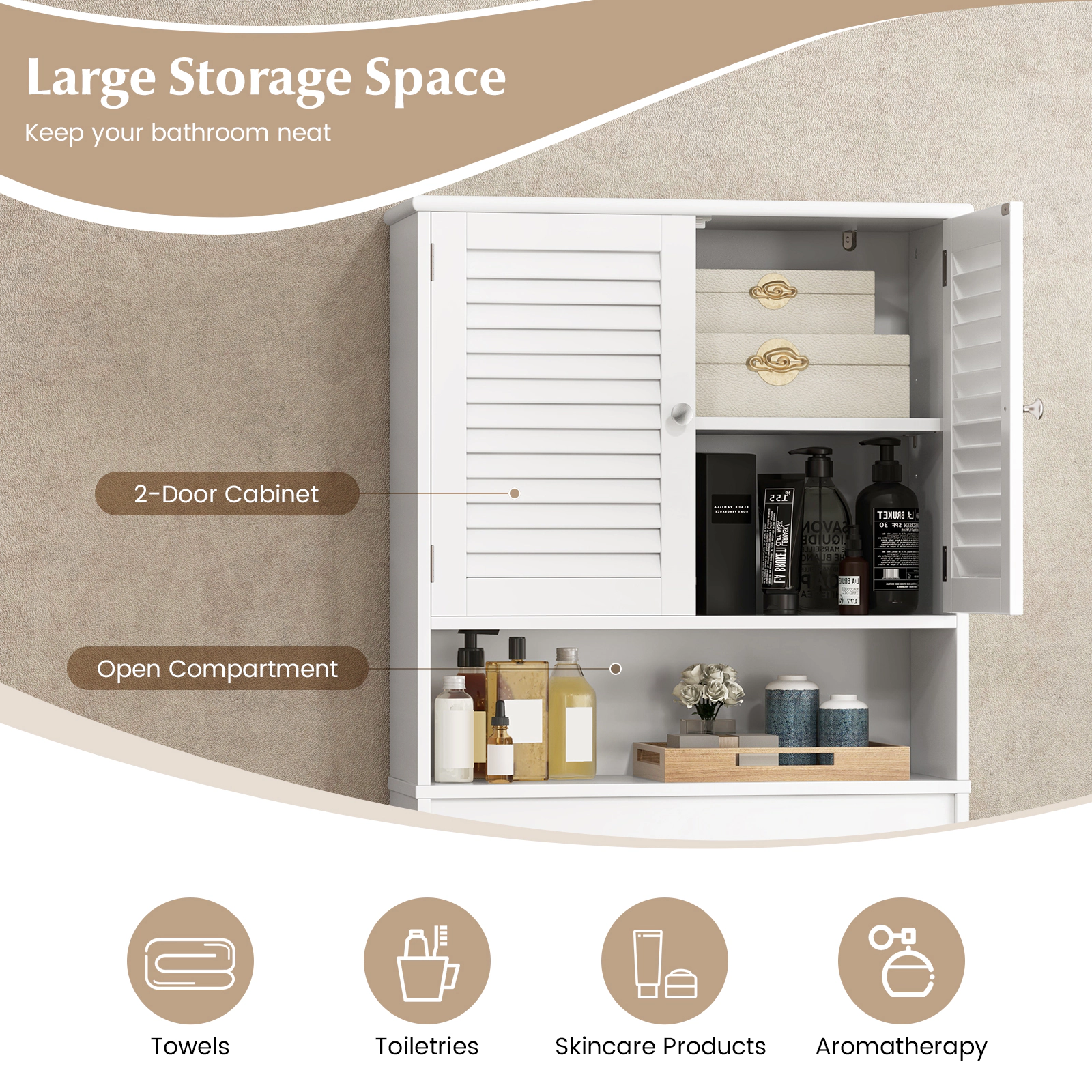 Slickblue Over The Toilet Bathroom Storage Cabinet with Double Doors and Adjustable Shelf