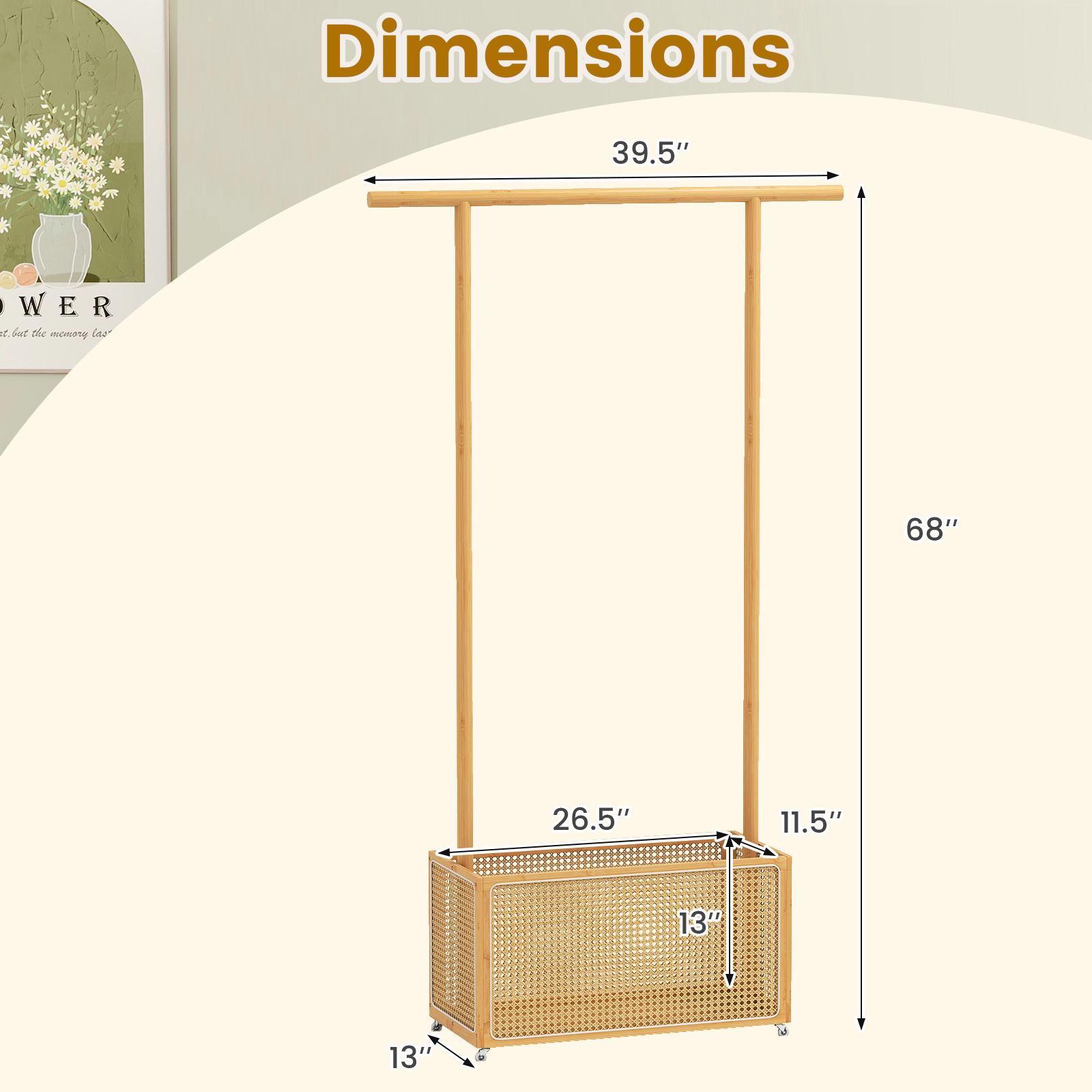 SUGIFT Bamboo Clothes Rack with Rattan Storage Basket and Wheels 45-lb Rod 65-lb Basket Capacity Natural & Brown