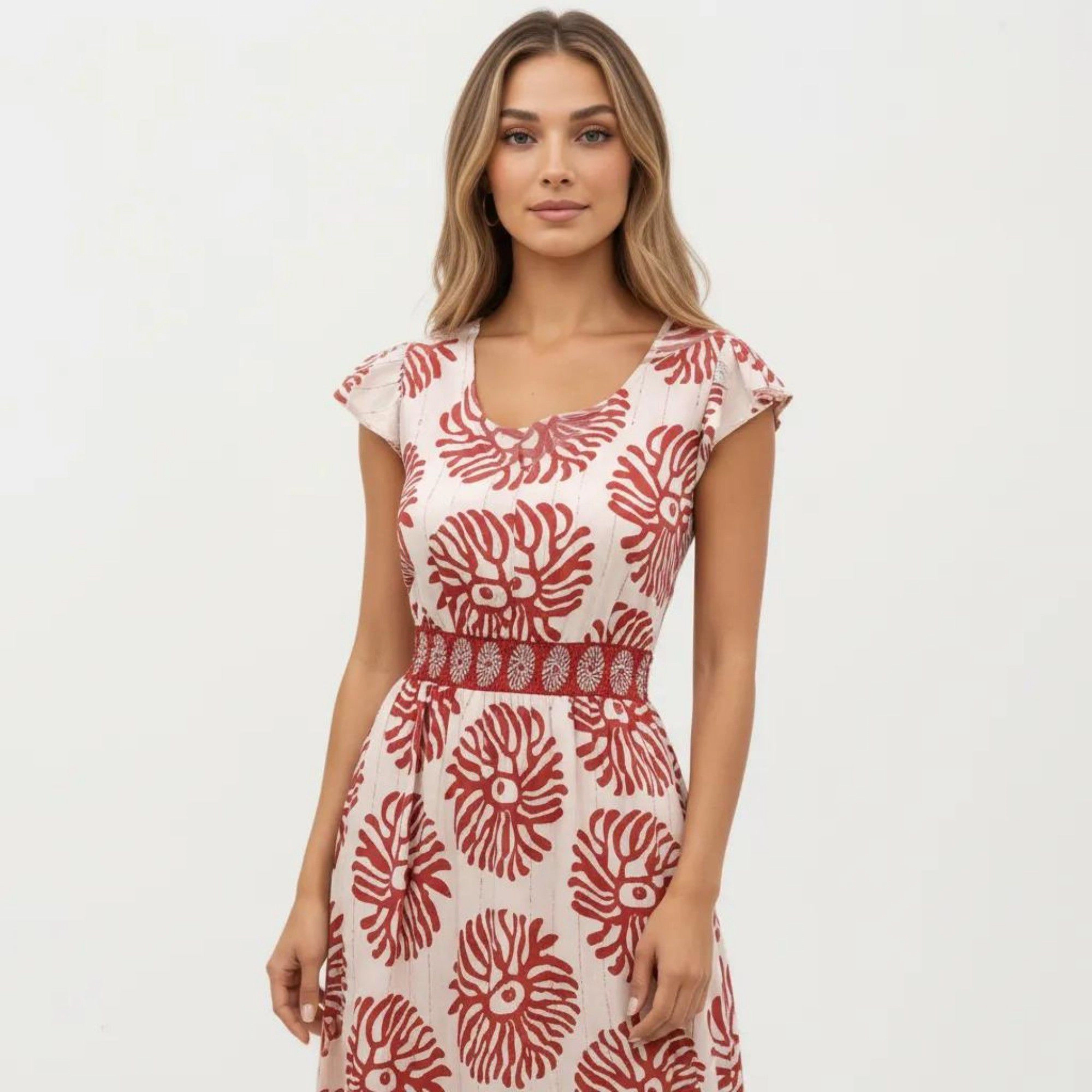 Anna-Kaci Women's Short Sleeve Printed V Neck Smocked Waist Tiered Flowy Silhouette Maxi Dress