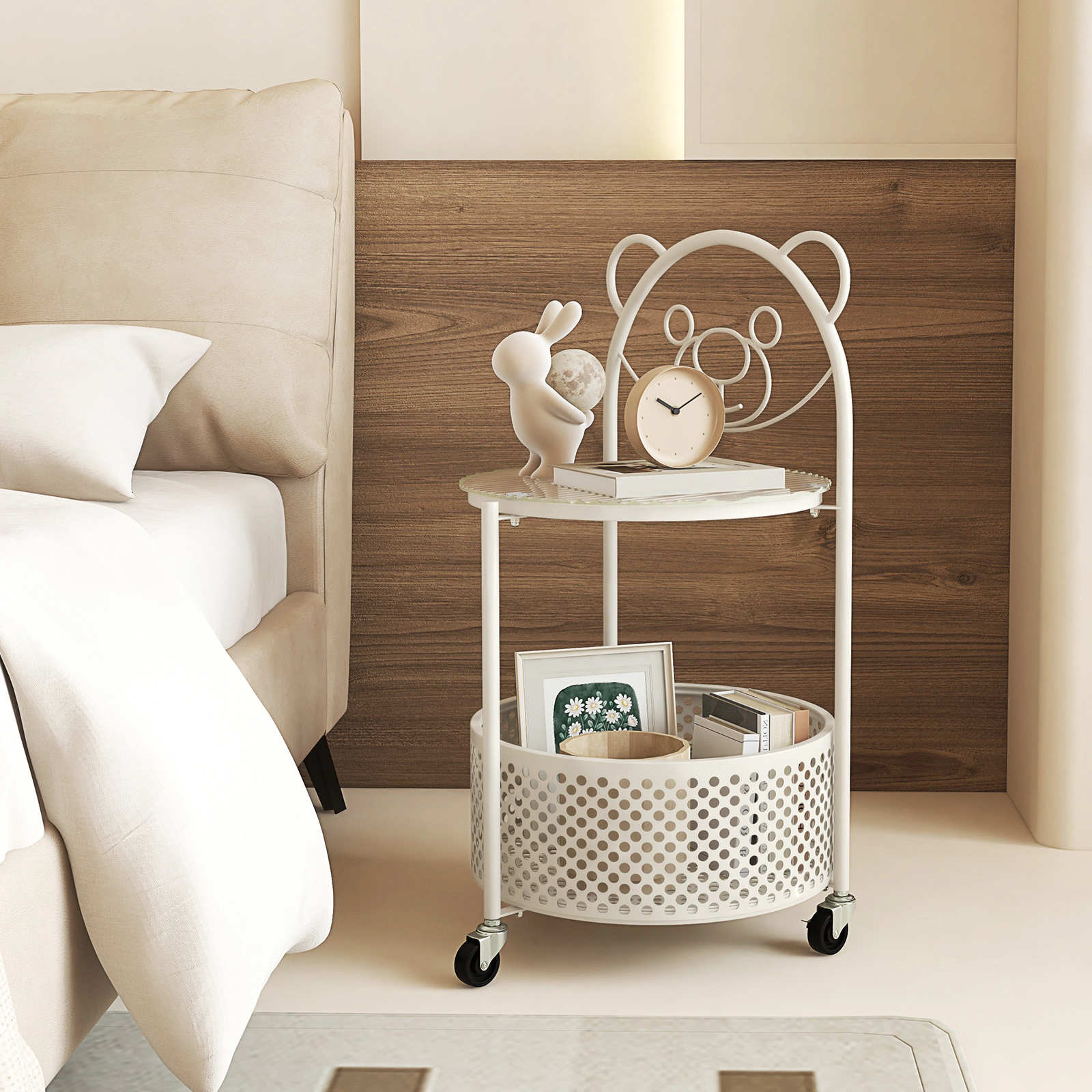 SUGIFT Tempered Glass Top Metal Basket Lockable Rolling Storage Side Table White