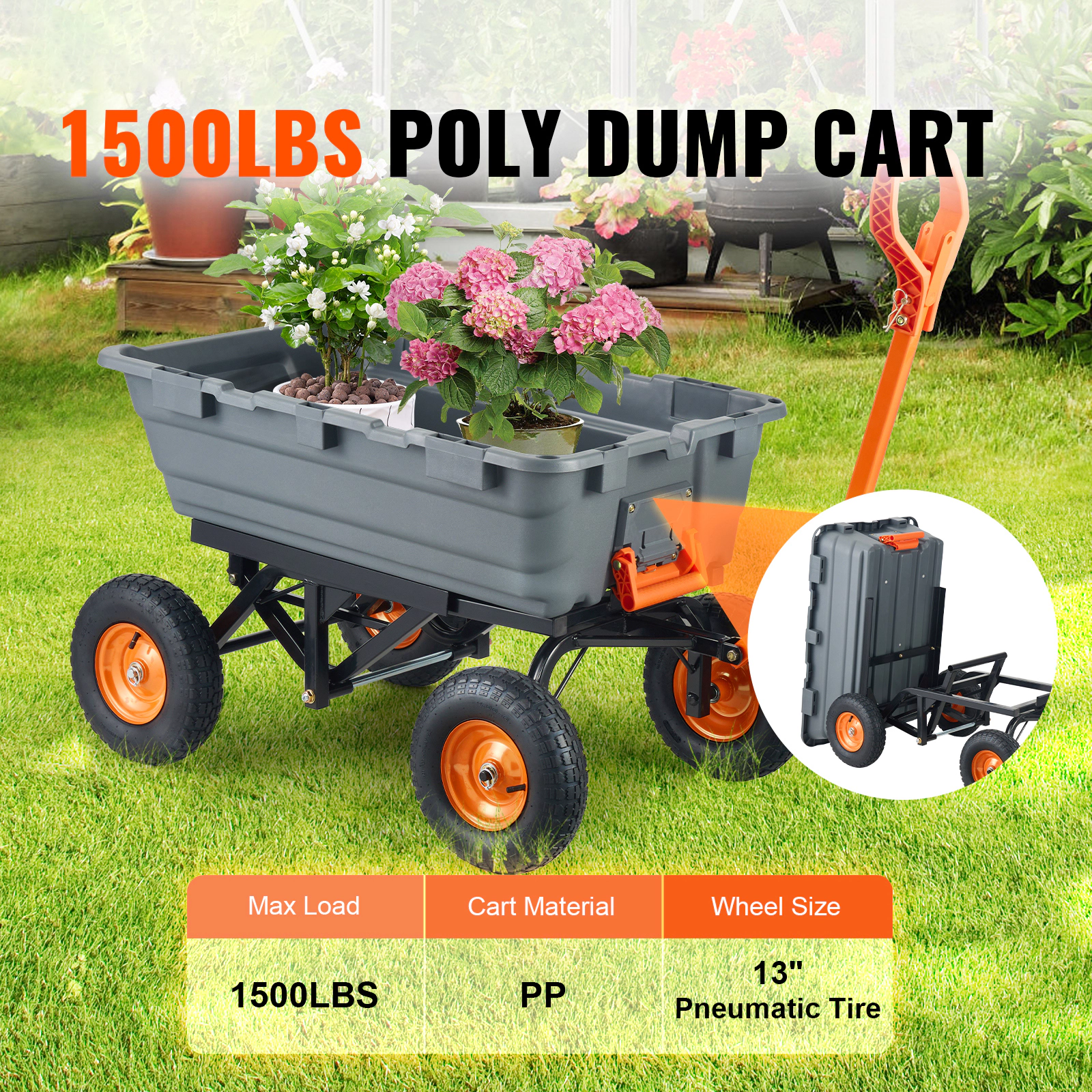 HONGGE Garden Cart Durable Poly Dump Cart with Simple Assembly Steel Structure Versatile Dump Wagon with Dual-Function