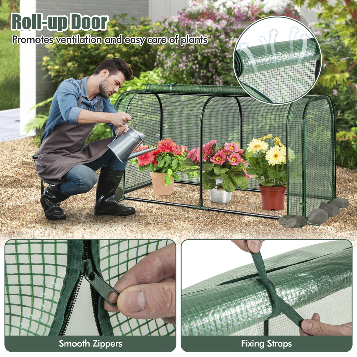 SUGIFT Mini Tunnel Greenhouse Roll-Up Zipper Door PE Cover Metal Frame Ground Stakes 47 x 22 x 24-in Green/White