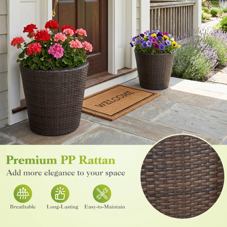 Hivvago Set of 2 Plastic Taper Rattan Planters with Drainage Holes and Saucers