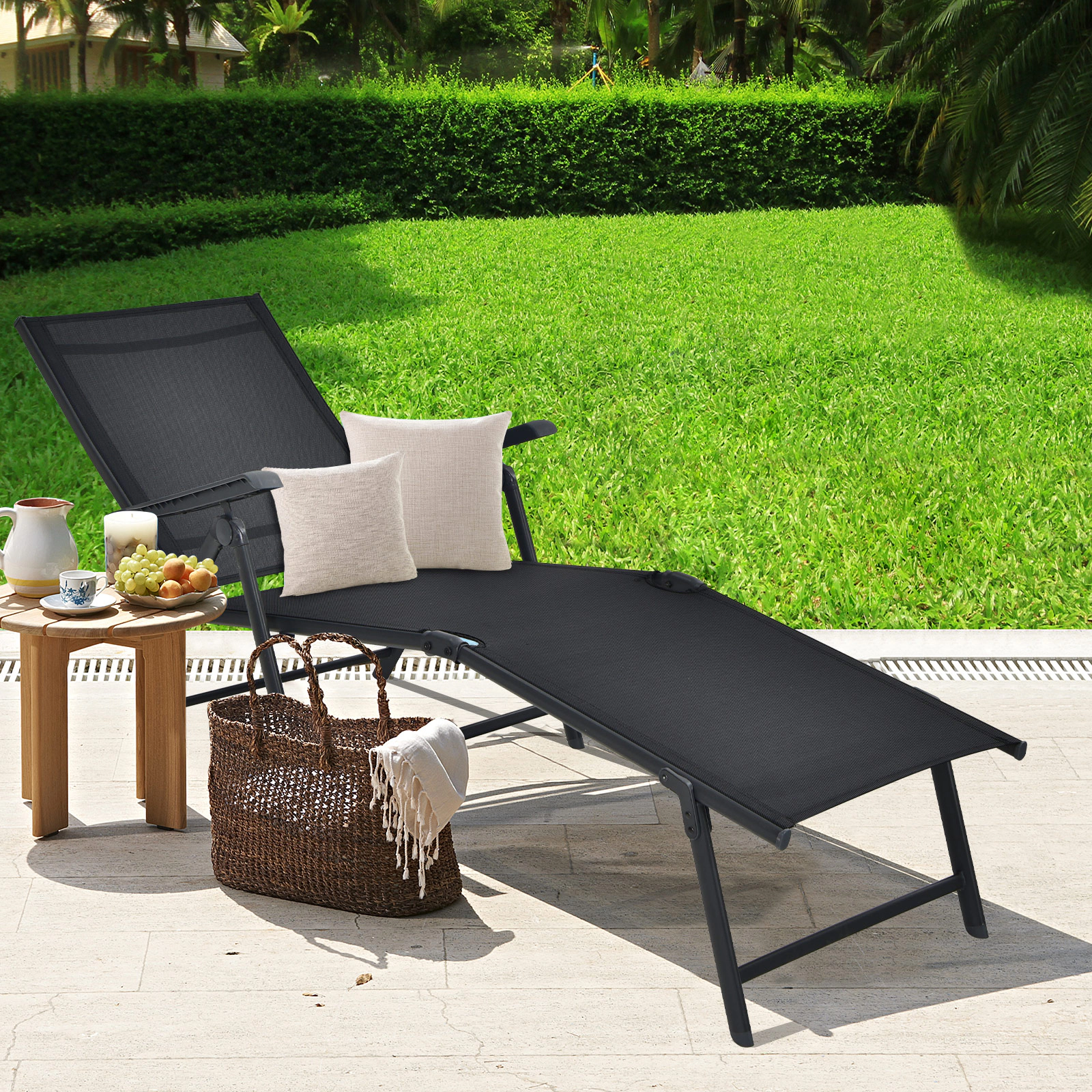 SUGIFT Armrests 5-Position Back and Footrest 330-lb Black Foldable Patio Chaise Lounge Chair