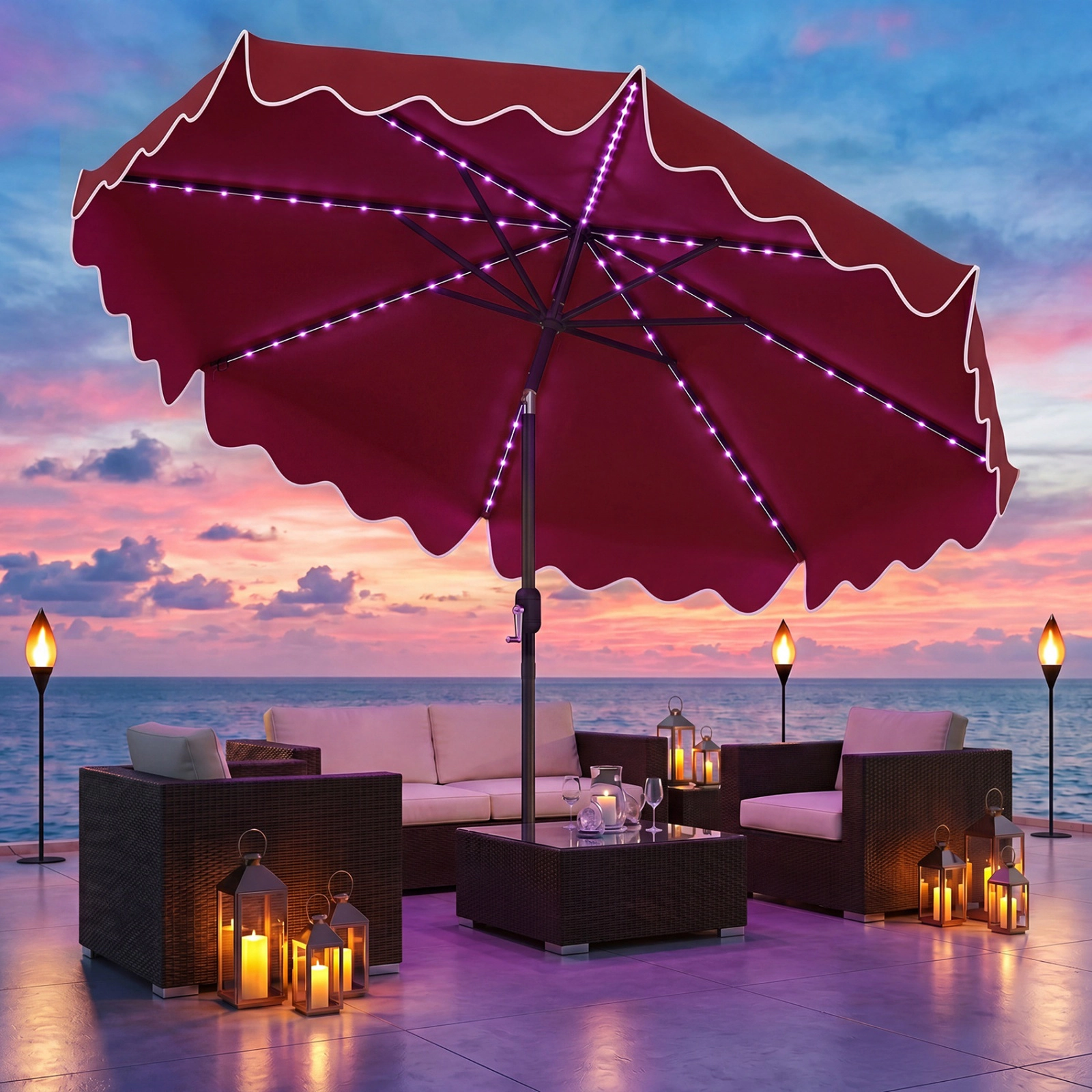 SUGIFT 10-Foot Wine Market Patio Umbrella with 112 Solar LED Lights, Crank Lift and Push-Button Tilt
