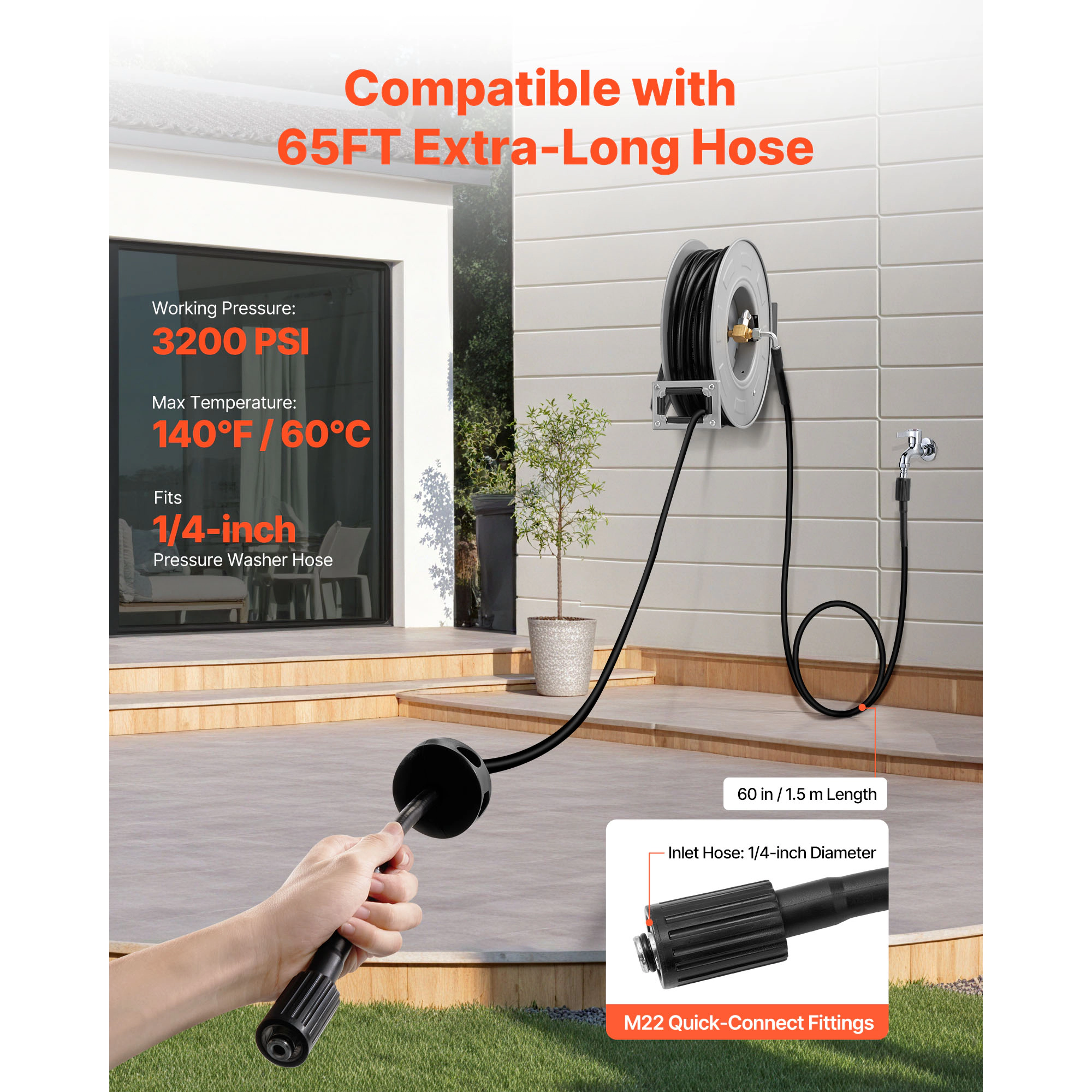 HONGGE Pressure Washer Hose Reel Retractable Power Heavy-Duty Steel Washer Hose Reel 4000PSI Max Auto-Rewinding