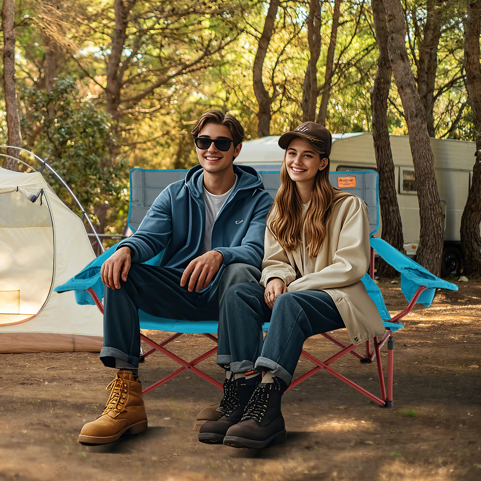 LJG Oversized Camping Chair Folding Loveseat Couch with Cup Holders & Thick Padding