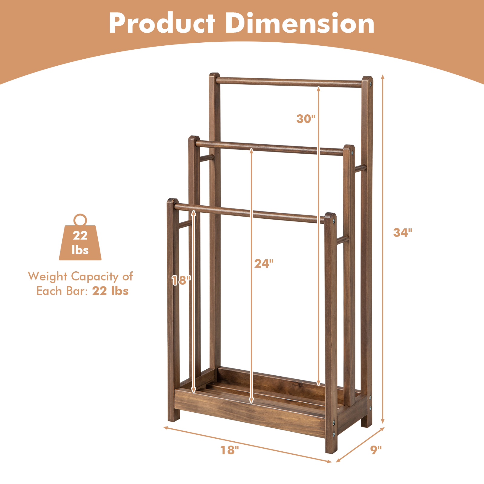 SUGIFT 3-Bar Slatted Bottom Shelf Fir Wood Bathroom Towel Rack 18-in x 9-in x 34-in 22-lb per Bar Rustic Brown