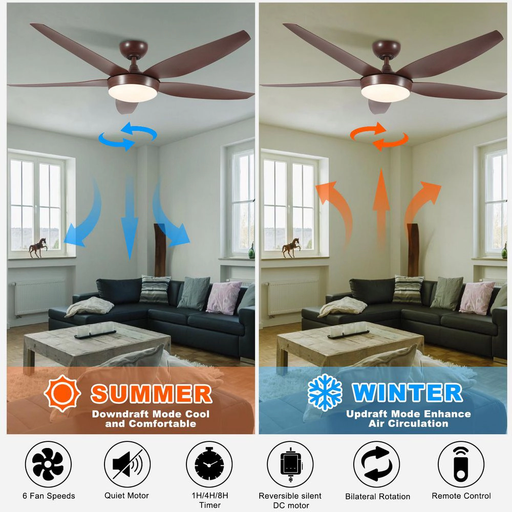Flynama 56 in. Reddish Brown LED Downrod Mount Standard Ceiling Fan with Remote Control Dimmable 5 ABS Blades