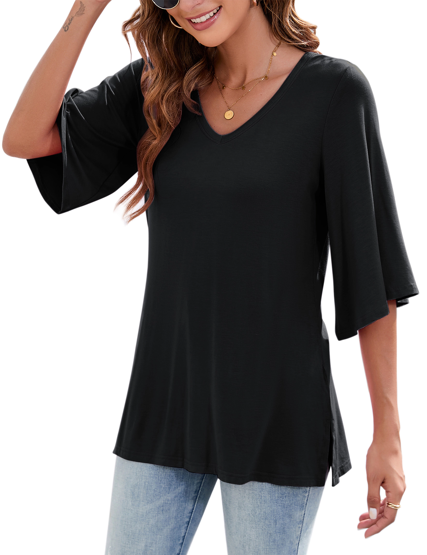 KOJOOIN V Neck Tunic Top for Women, Ruffle 3/4 Sleeve Side Slit Loose Fit Flowy Long Tee Blouse