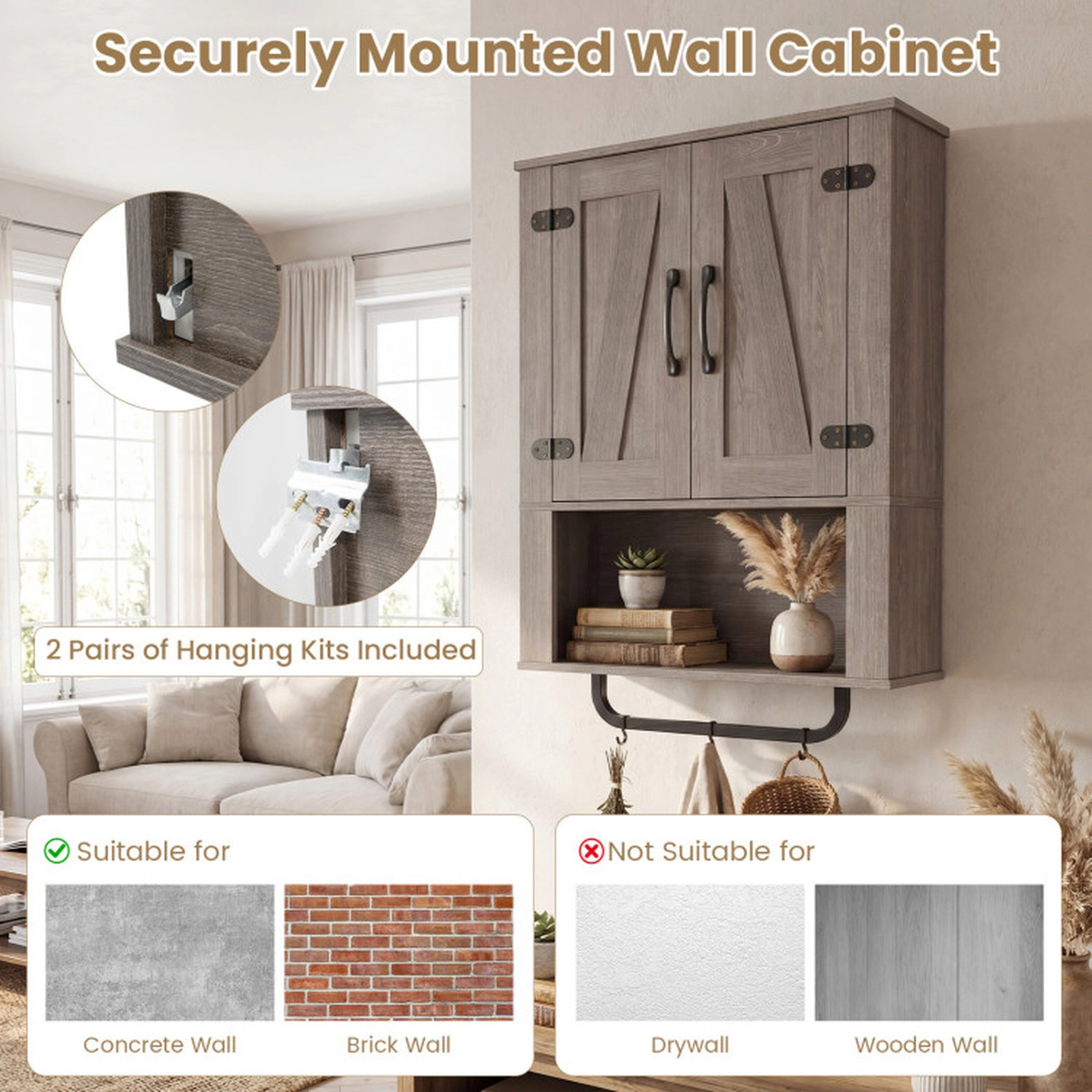 SUGIFT 2 Barn Doors Towel Bar 3-Tier Wall Mount Bathroom Storage Cabinet 24-in x 8-in x 33-in 11-lb per Shelf Gray