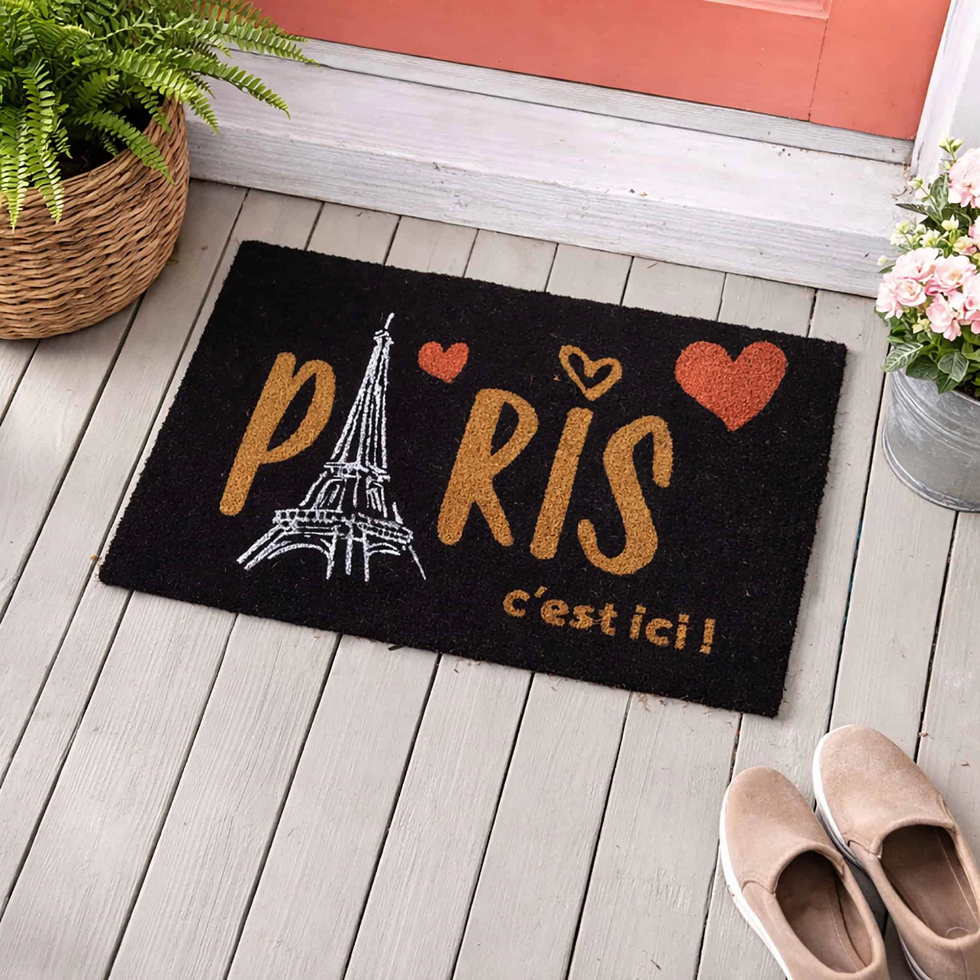 Evideco French Home Goods Black Paris C est Ici Coir Doormat 24 x 16 Inches