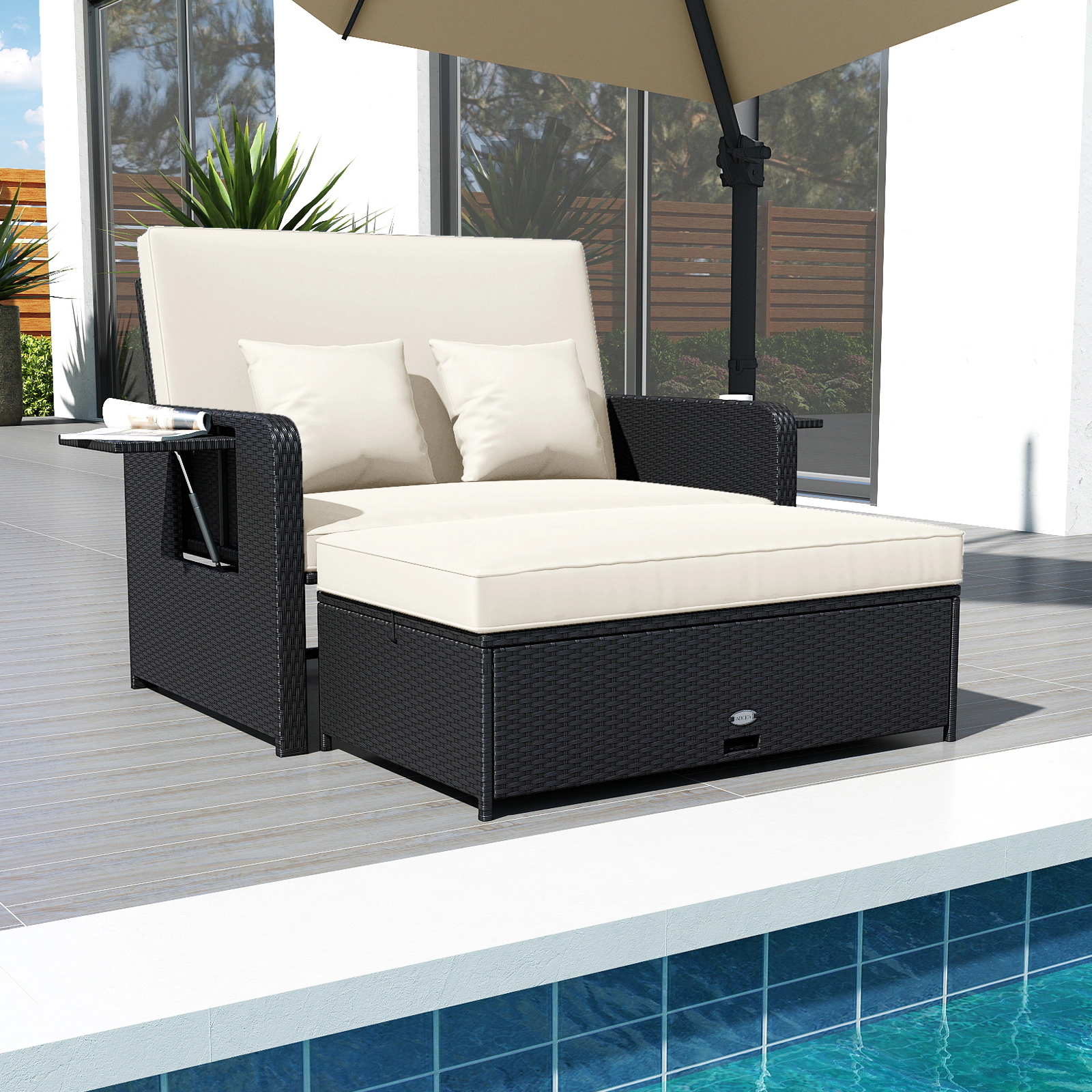 SUGIFT White 4-Level Adjustable Backrest and Storage Ottoman PE Wicker Outdoor Daybed