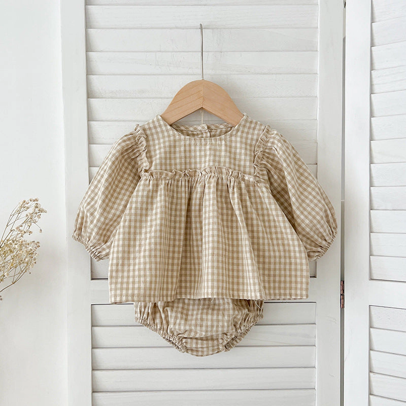 MyKids-USA Autumn Hot Selling Baby Girls Long Sleeves Plaid Top Dress And Bloomer Clothing Set
