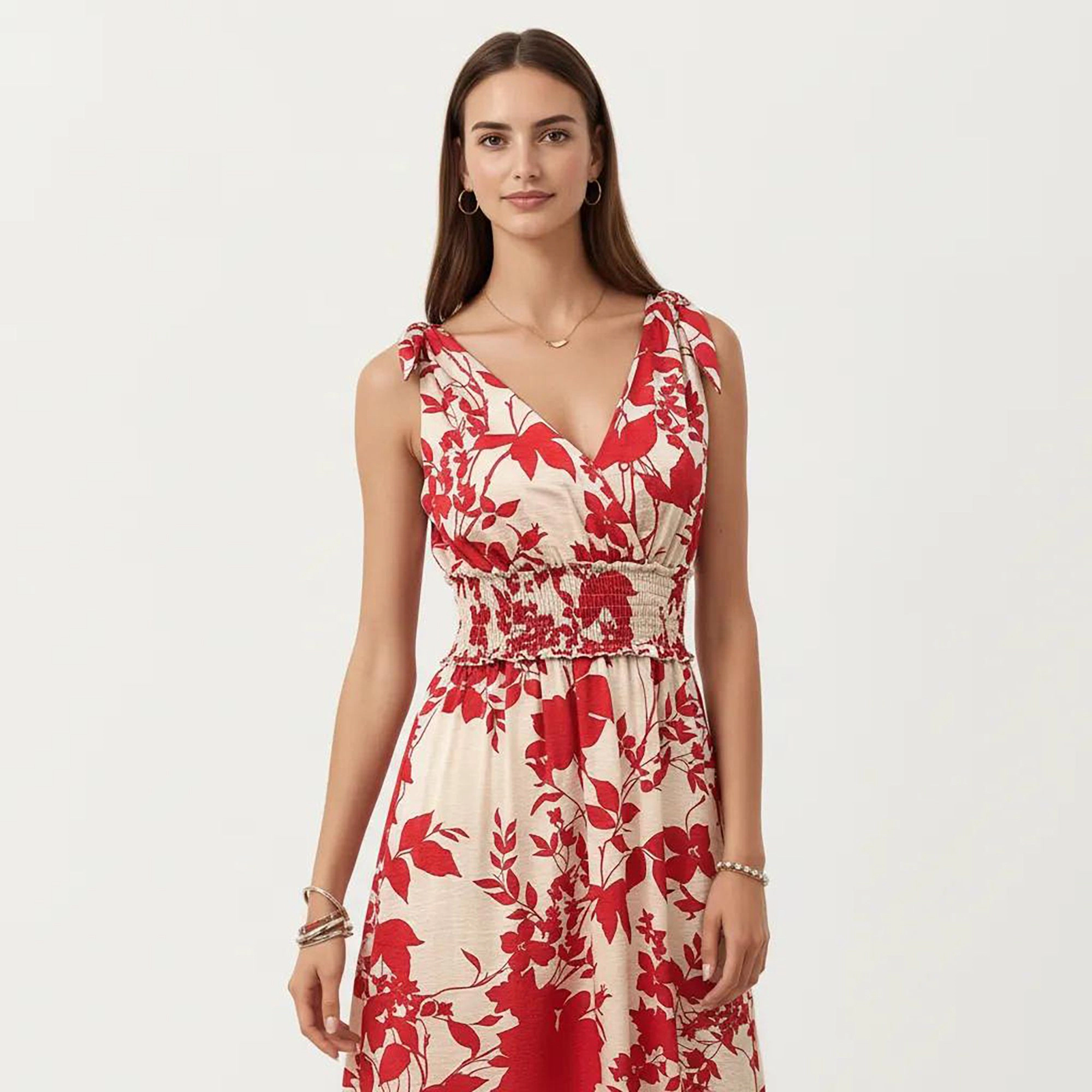 Anna-Kaci Women's Sleeveless V Neck Smocked Waist Flowing Skirt Midi Dress
