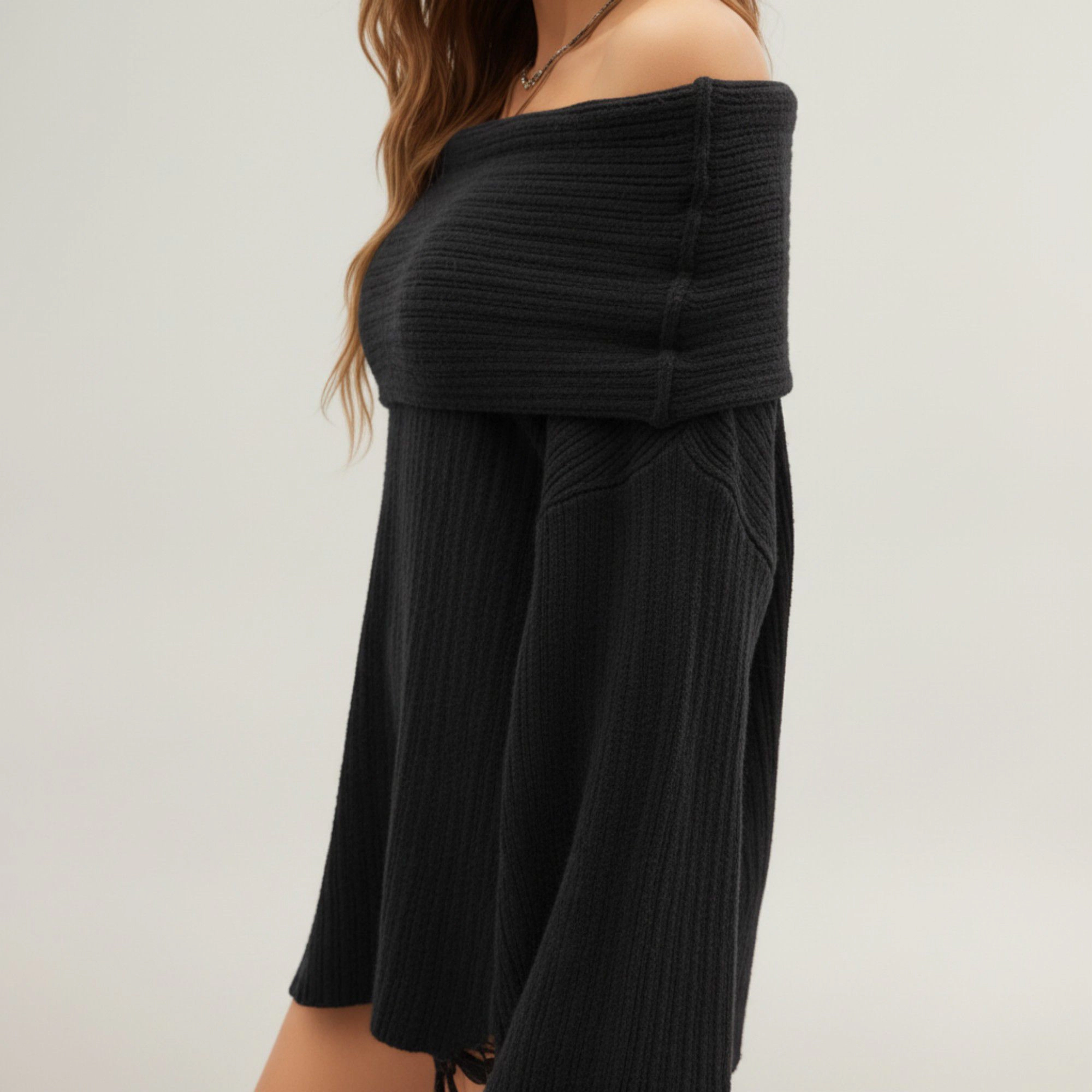 Anna-Kaci Women's Off-Shoulder Ribbed Knit Sweater Top with Foldover Neckline and Soft Relaxed Fit