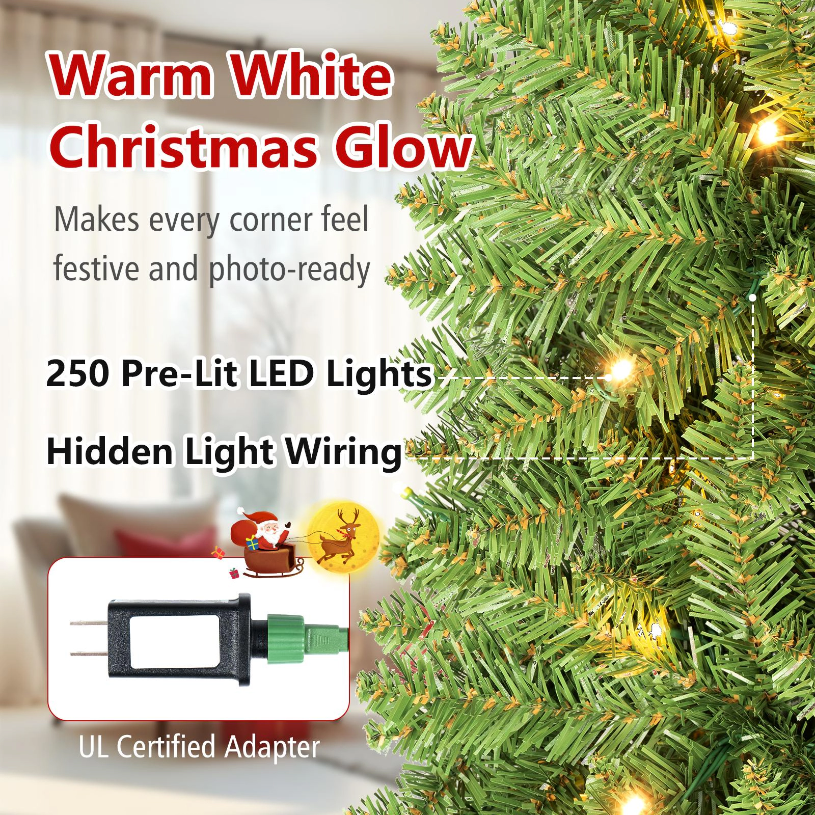 Costway 5/6/7Ft Pre-lit Artificial Pencil Christmas Tree Hinged Fir PVC Tree with 150/250/350 LED Lights
