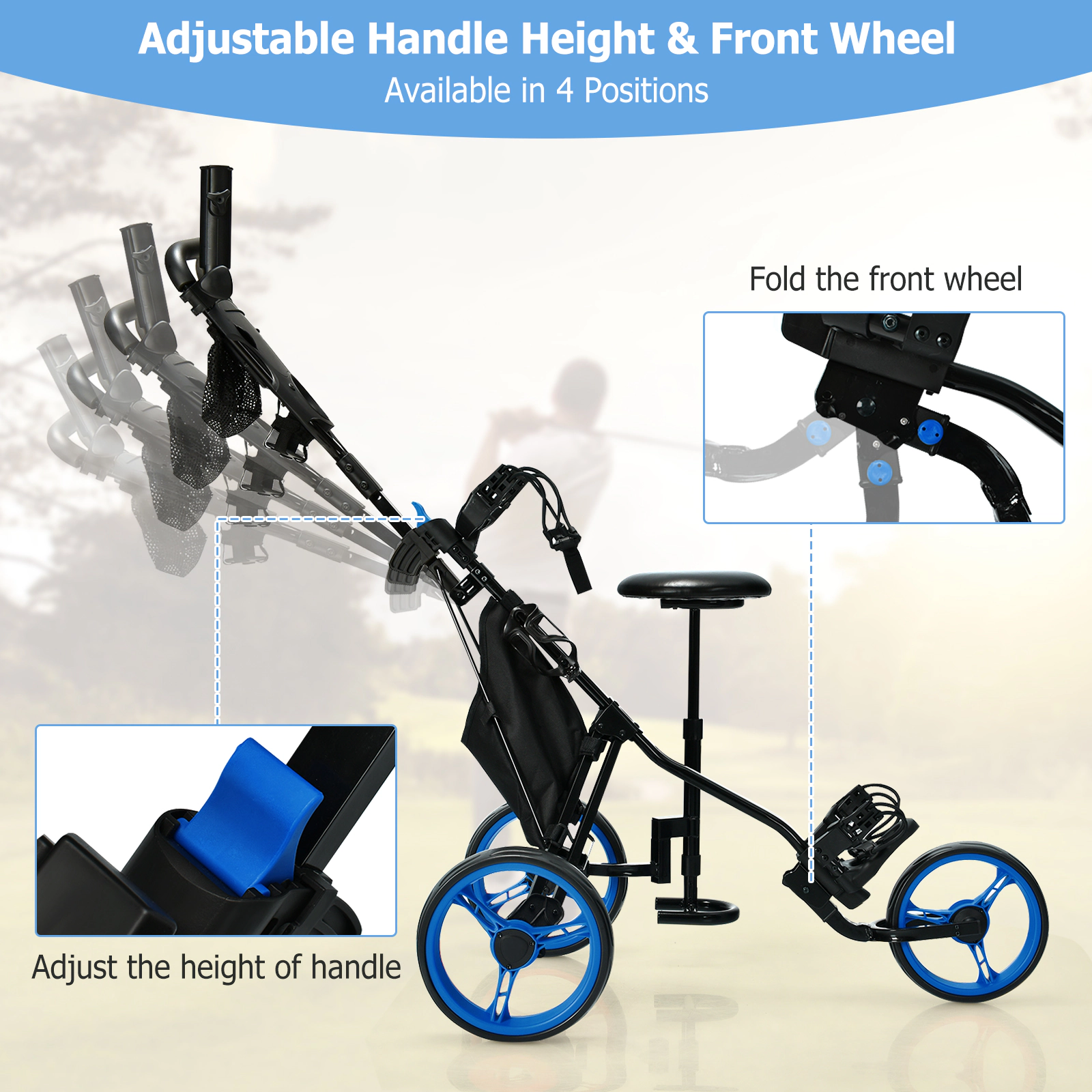 SUGIFT Blue Seat Scoreboard and Adjustable Handle 3-Wheel Folding Golf Push Cart