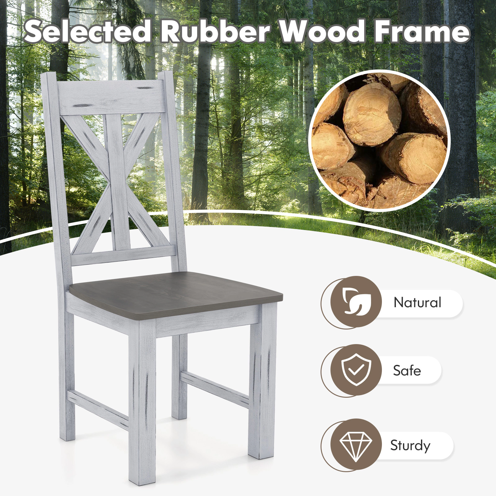 SUGIFT Farmhouse Rubber Wood Dining Chair Set of 2 with Hollowed Backrest 330-lb Capacity White Gray