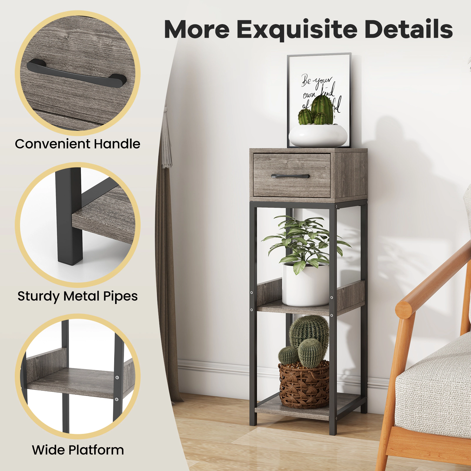 Hivvago 3 Tier Tall Plant Stand with Drawer Anti-tipping Devices