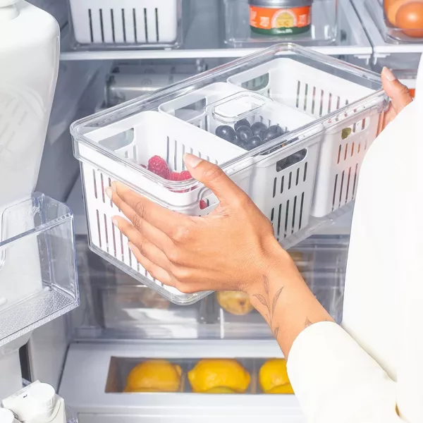 OU Fridge Organizer Bins w/ Drain Baskets & Vented Lid, Clear Stackable Refrigerator Storage Container, BPA Free, 4 Pack