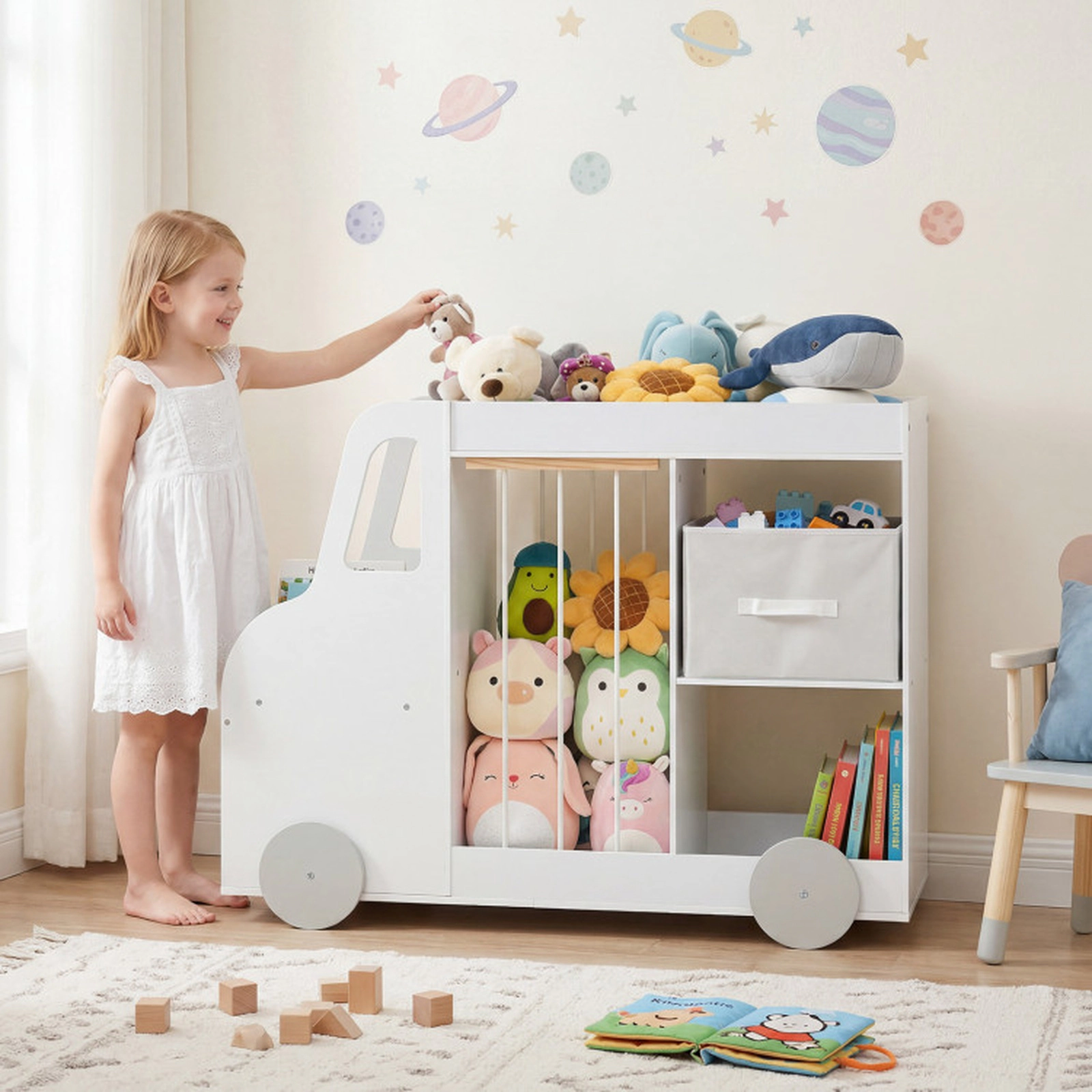 SUGIFT Toy Storage Organizer with Stuffed Animal Storage Fabric Drawer and Universal Wheels 35-lb Shelves Ages 3+ White