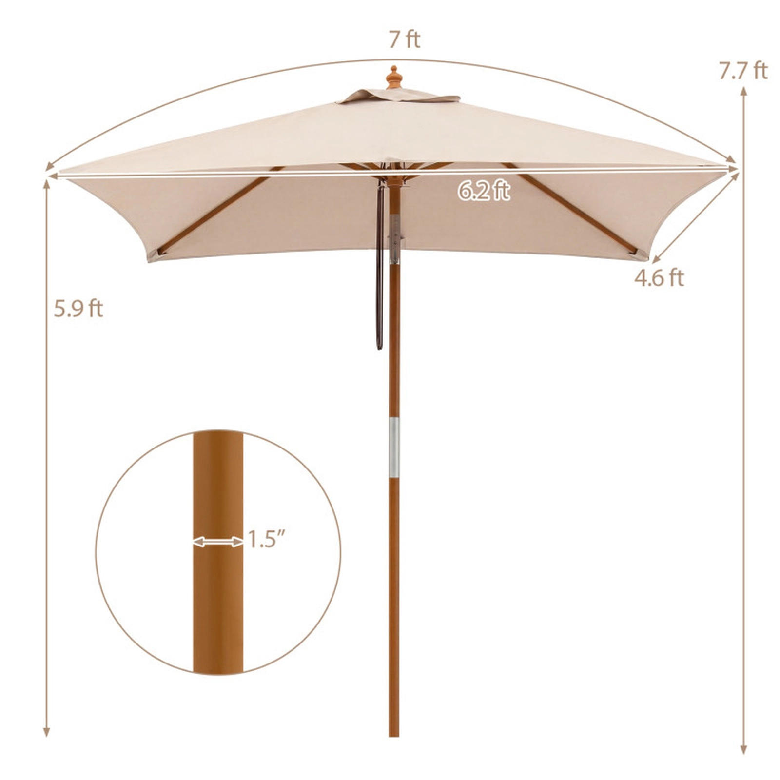SUGIFT Beige Wooden Pole Push Button Tilt and 3 Heights 7 FT Rectangular Patio Umbrella