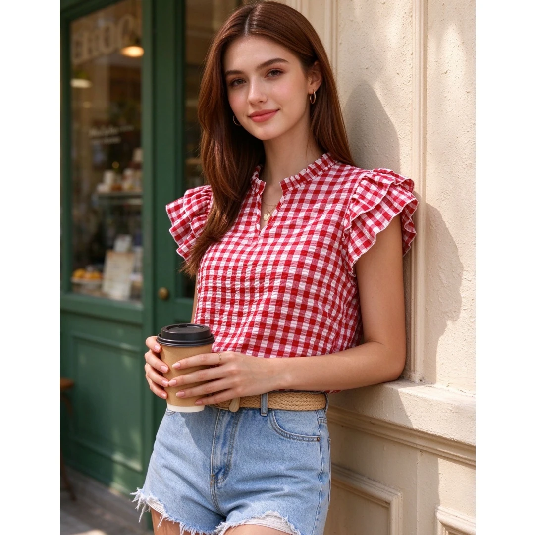 Coolmee Women's Summer Double Ruffle Plaid Short Sleeve Blouse Top